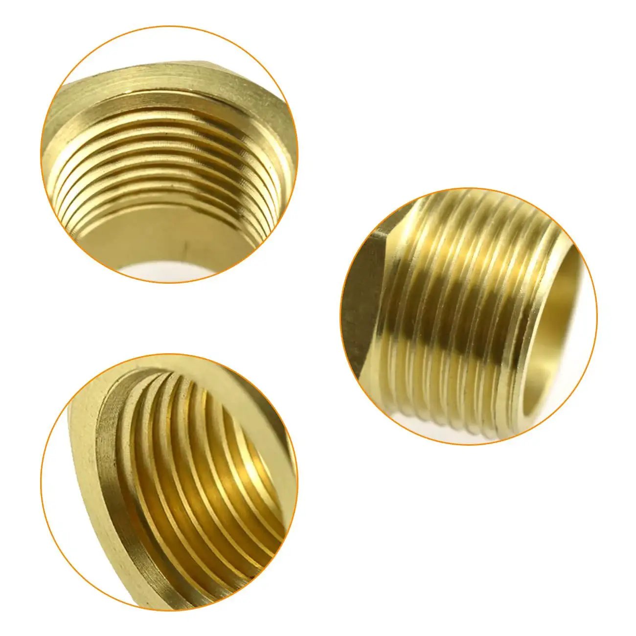 Close-up of Two Pack Brass Bushing Reducer Adapter One Half Inch NPT Male To One Quarter Inch NPT Female Pipe Fittings for plumbing.