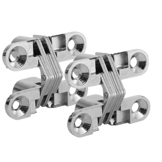 Two Pack 180 Degree Hidden Door Hinges Zinc Alloy Invisible Concealed Cross Hinge For Cabinets And Furniture Easy Installation 6 Kg Bearing XS Size Durable Abrasion Resistant Hardware Kit, showing two metal hinges with circular mounting holes.