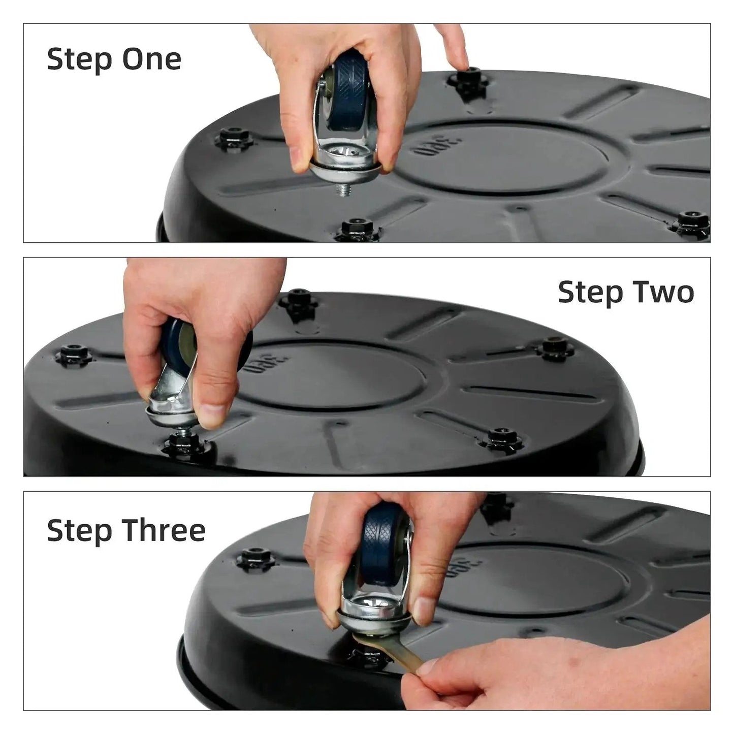 Assembly steps for Heavy Duty Plant Caddy With Universal Wheels 3 Pack Black Round Plant Stand Trolley with frosted non-slip tray.