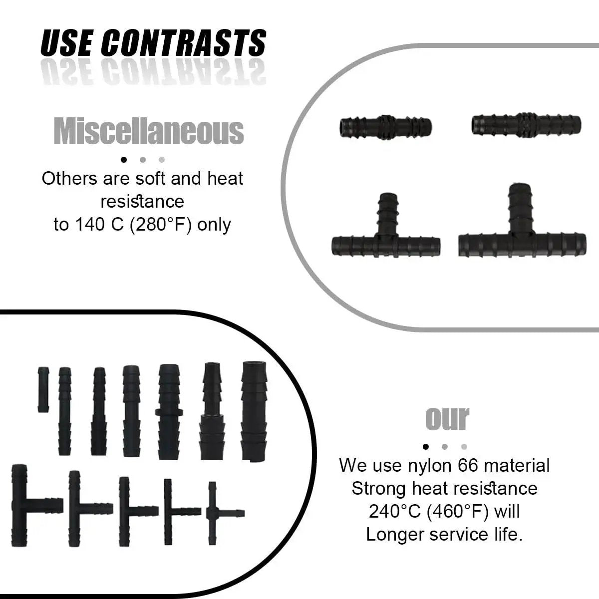 Diagram showing nylon heat-resistant fittings from Pro Grade Vacuum Line Connector Kit with 12 sizes