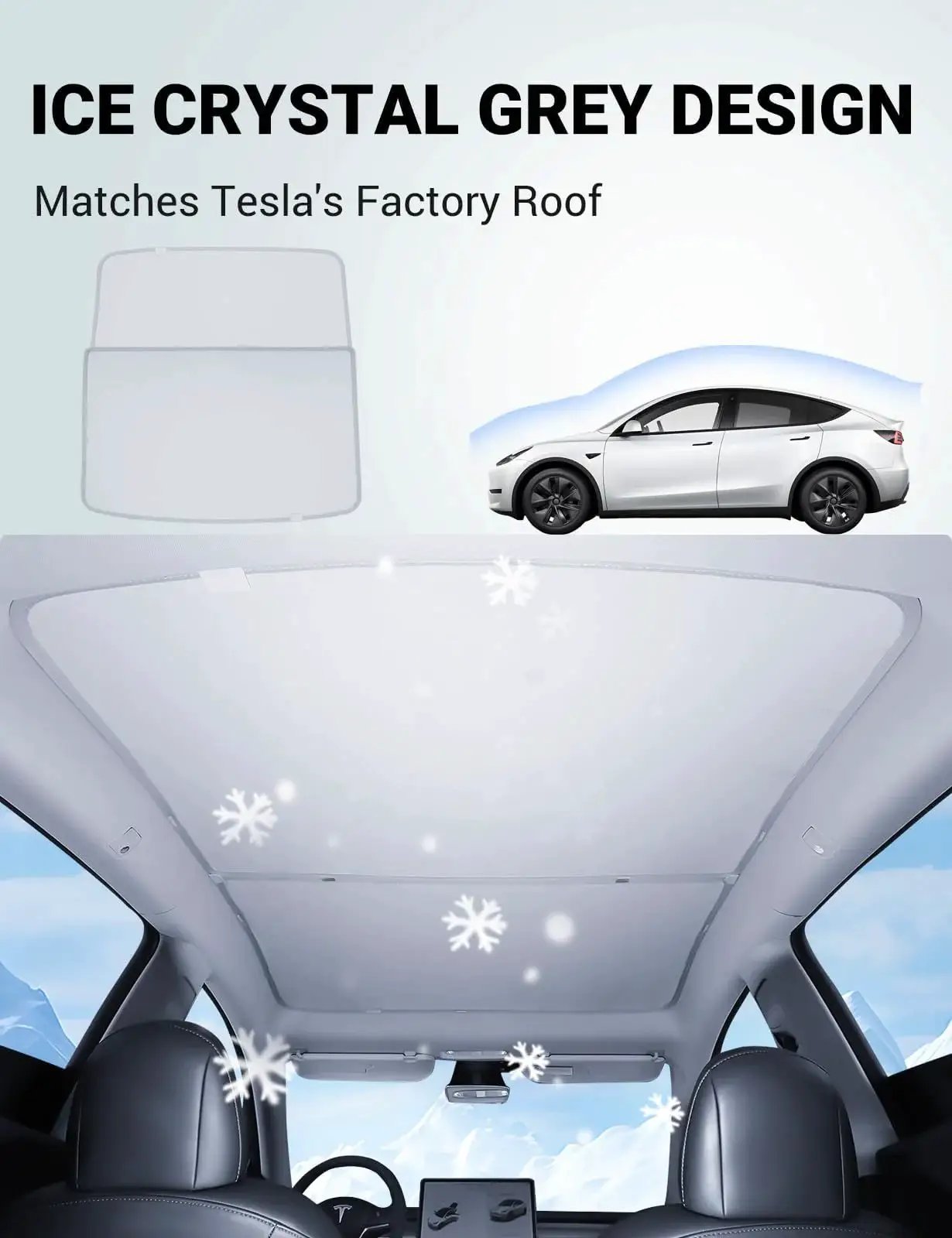 Interior view of Tesla Model Y featuring the glass roof sunshade with Nano Ice Coating installed, showing a gap-free fit.