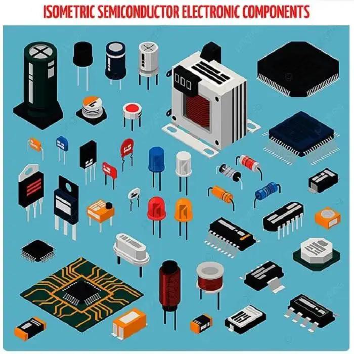 Isometric view of various semiconductor electronic components including capacitors, inductors, and integrated circuits on a blue background.