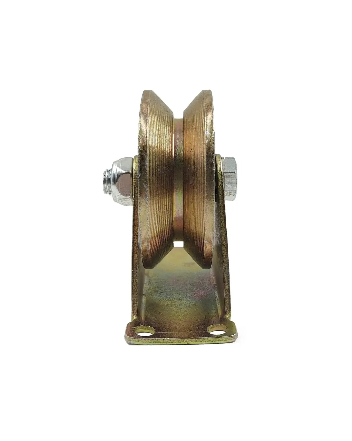 Front view of Heavy Duty V Type Groove Wheel Caster with bracket, made from galvanized steel, featuring double roll bearing for industrial use.