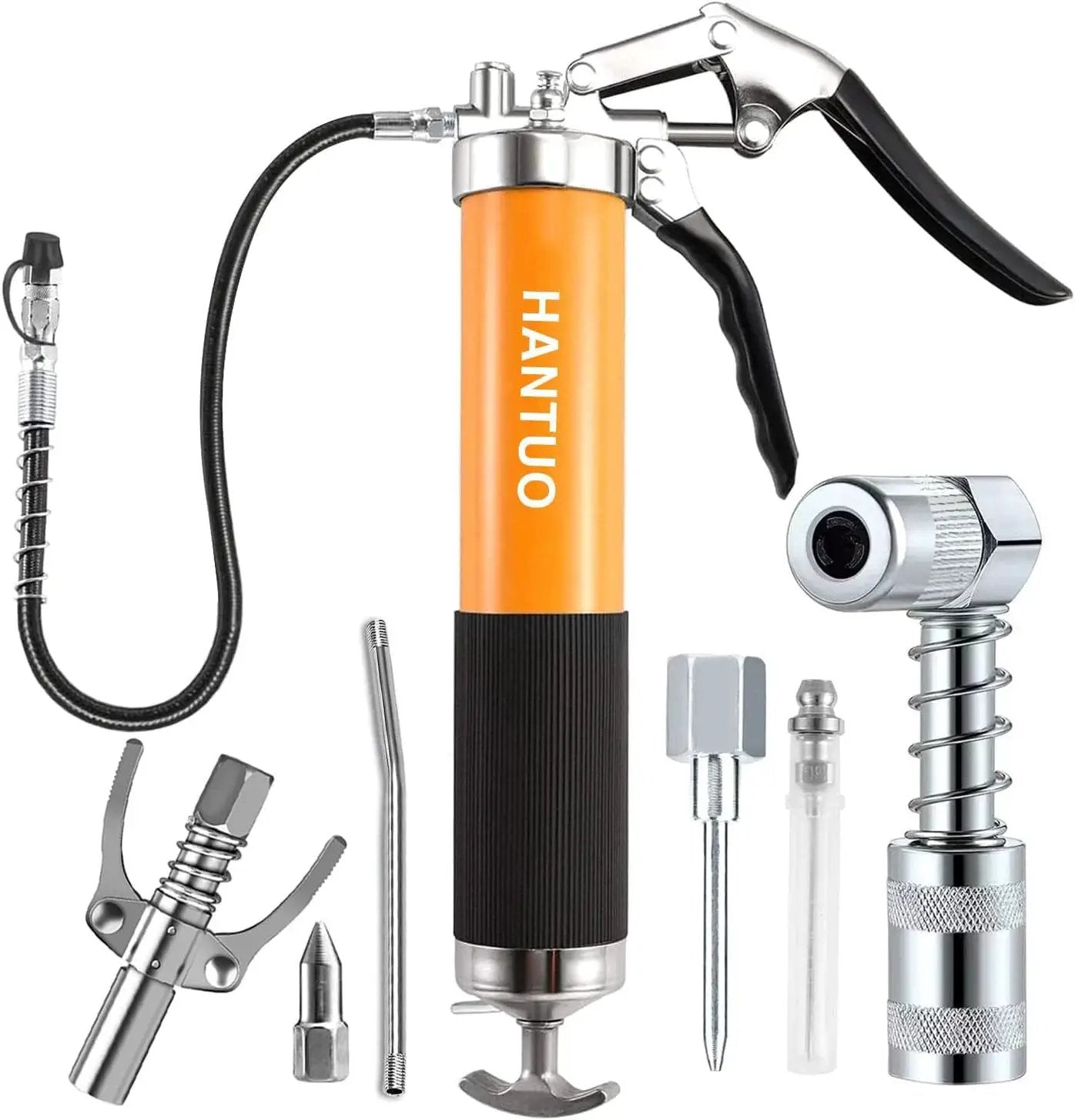 Heavy Duty Pro Grade Grease Gun With Quick Release Coupler 8000 PSI Pistol Grip Kit 14 Oz Capacity Includes Coupler Double Injector Needles And 90 Degree Adapter For Trucks Machinery Industrial Use