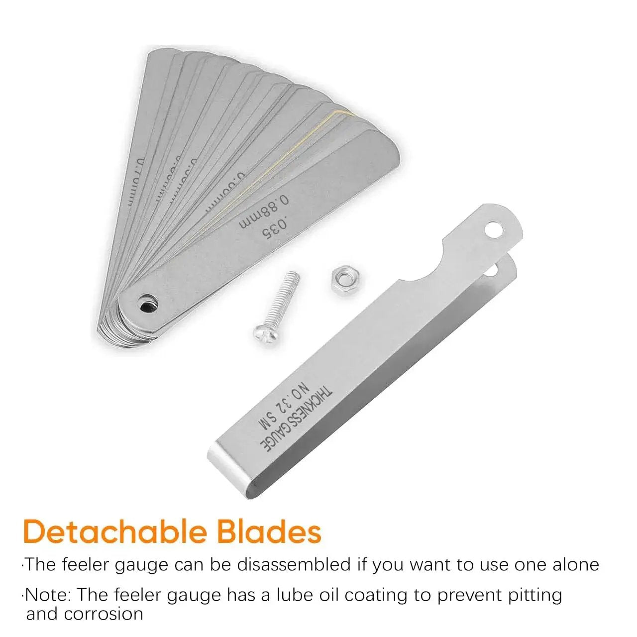 Two Piece Feeler Gauge Set With 32 Blade Main Gauge And 16 Blade Offset Gauge Dual Marked SAE And Metric Sizes for clearance measurement.