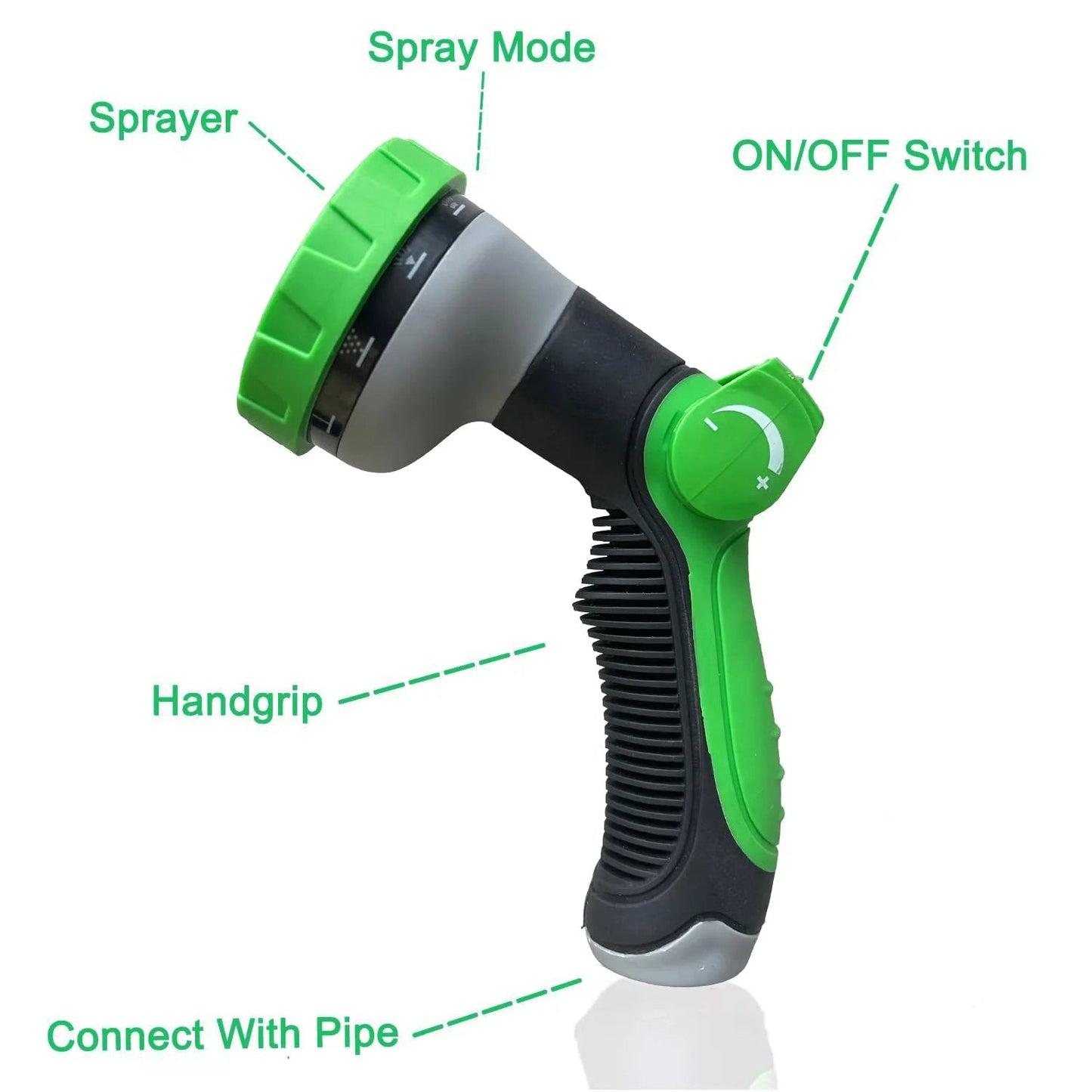 Close-up of a green and gray jet nozzle sprayer with handgrip for a Non Expanding Garden Hose With Jet Nozzle, Ultra Lightweight Fabric Hybrid Water Hose.