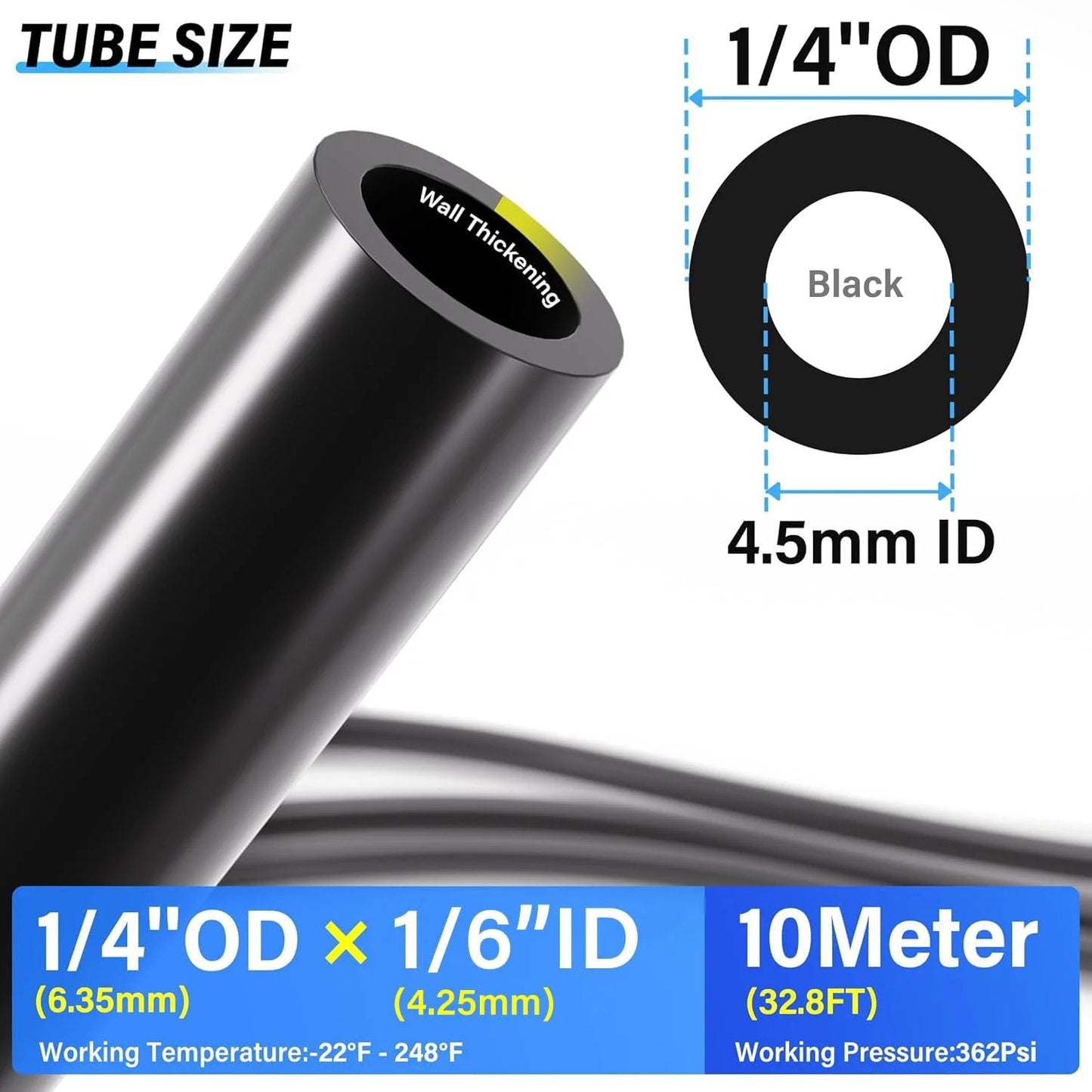 Heavy Duty Black Nylon Pneumatic Tubing For Air Lines One Quarter Inch Outer Diameter One Sixth Inch Inner Diameter 32.8 Feet Long
