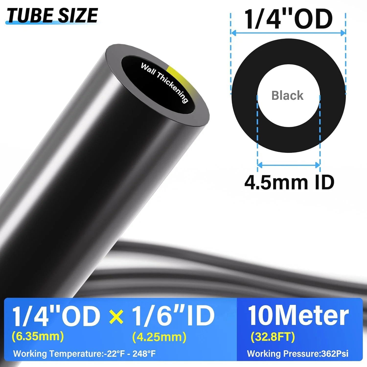 Heavy Duty Black Nylon Pneumatic Tubing For Air Lines One Quarter Inch Outer Diameter One Sixth Inch Inner Diameter 32.8 Feet Long