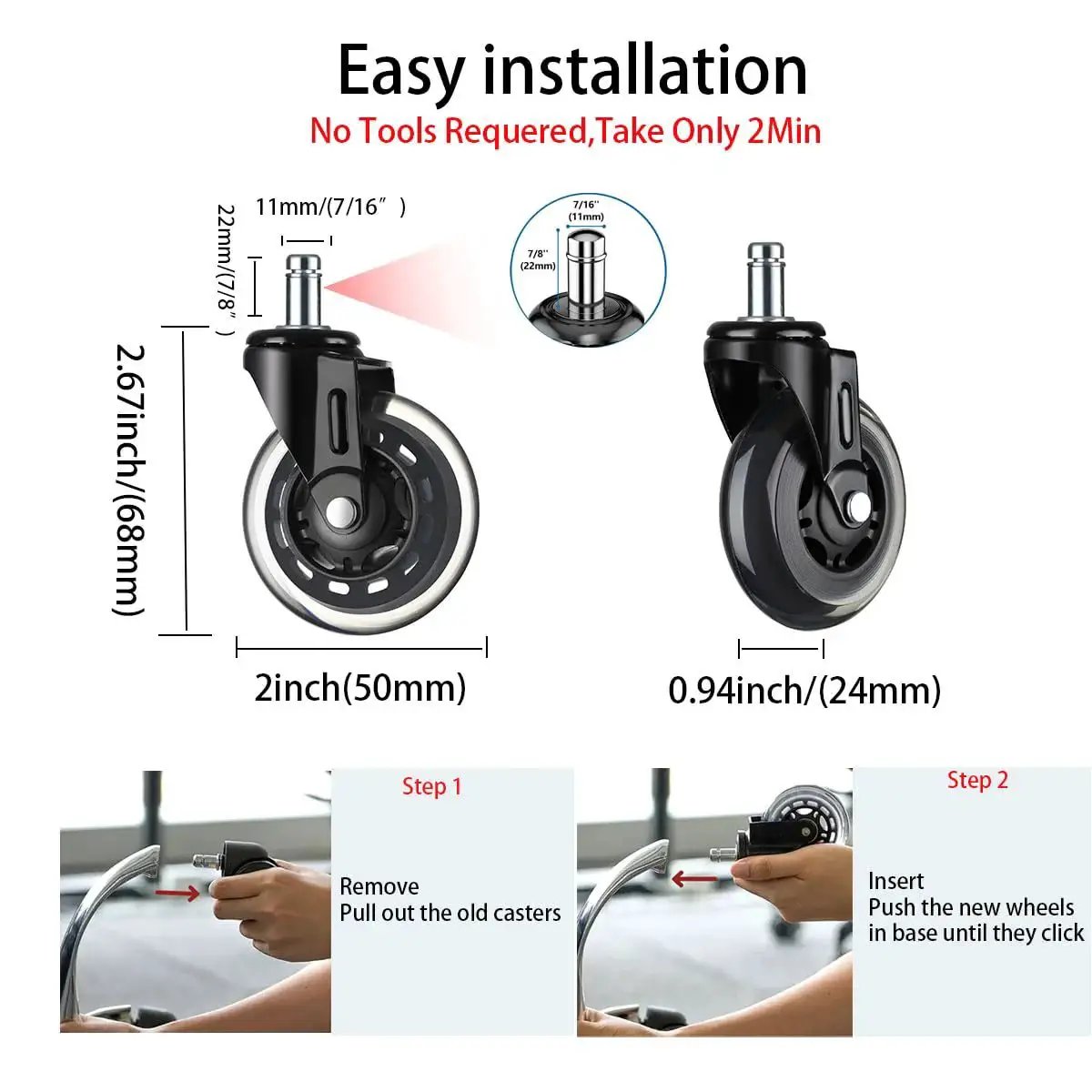 Diagram showing dimensions and installation steps for 2 Inch Office Chair Caster Wheels Set of 5, Heavy Duty Casters with Steel Body and Polyurethane Wheels, Silent and Smooth Rolling on Hardwood Floors and Carpets, Scratch Free Glide, Supports Up To 500 Pounds.