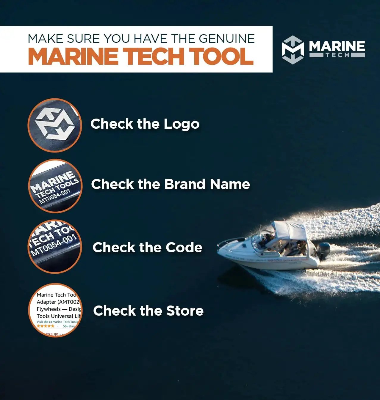 Marine Tech Tool authenticity guide with boat on water, logos, brand name, and code checks for genuine tool identification.