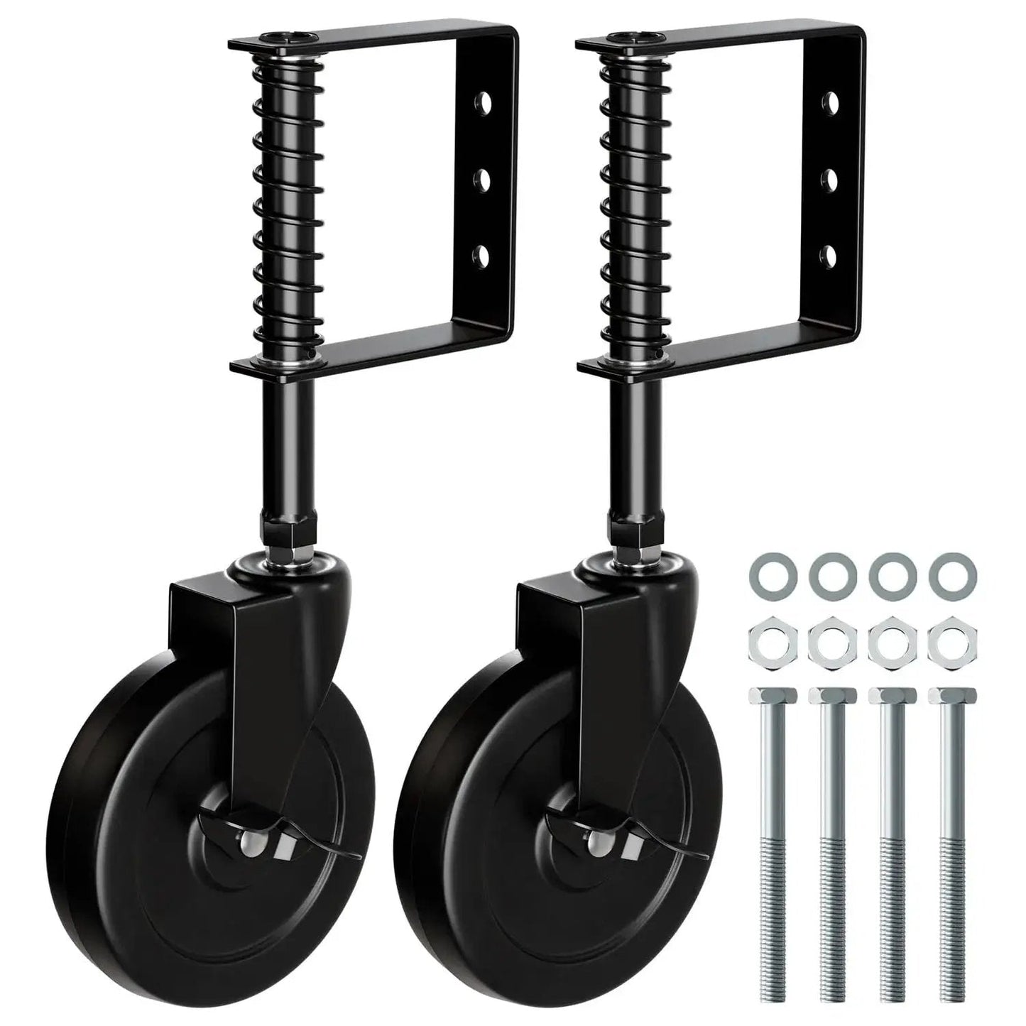 5 Inch Heavy Duty Gate Caster With Side Brake And Spring Loaded Shock Absorption 360 Degree Rotating Wheel For Wooden Gates Fences And Metal Tube Gates 220 Lb Capacity Per Pair Black 2 Pack with mounting hardware