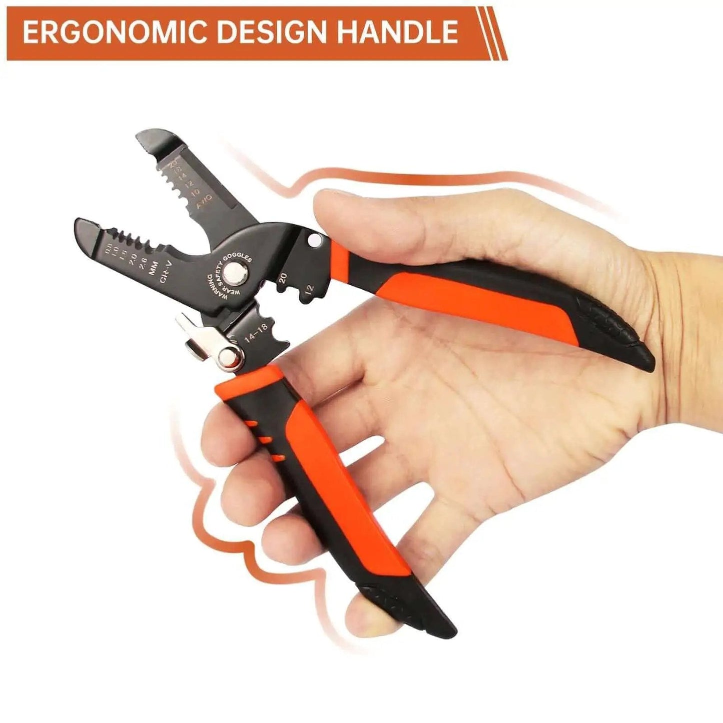 Five In One Wire Stripper And Crimping Tool For Ten To Twenty Two AWG Electrical Wires with ergonomic handle shown in hand