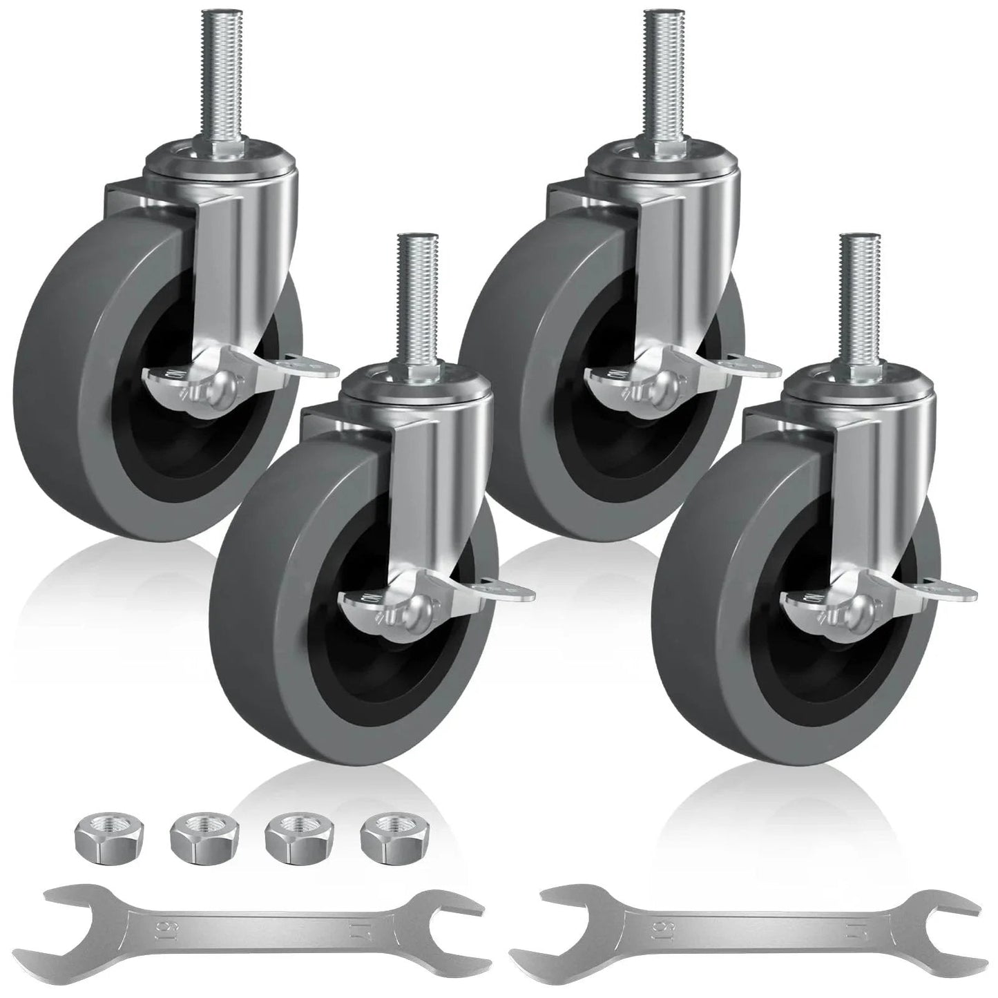 4 Inch Caster Wheels Set Of Four With Locking Threaded Stem 1/2-13 X 1-1/2 Inches shown with tools and nuts for installation.