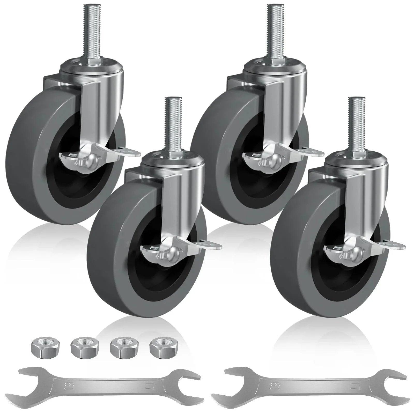 4 Inch Caster Wheels Set Of Four With Locking Threaded Stem 1/2-13 X 1-1/2 Inches shown with tools and nuts for installation.