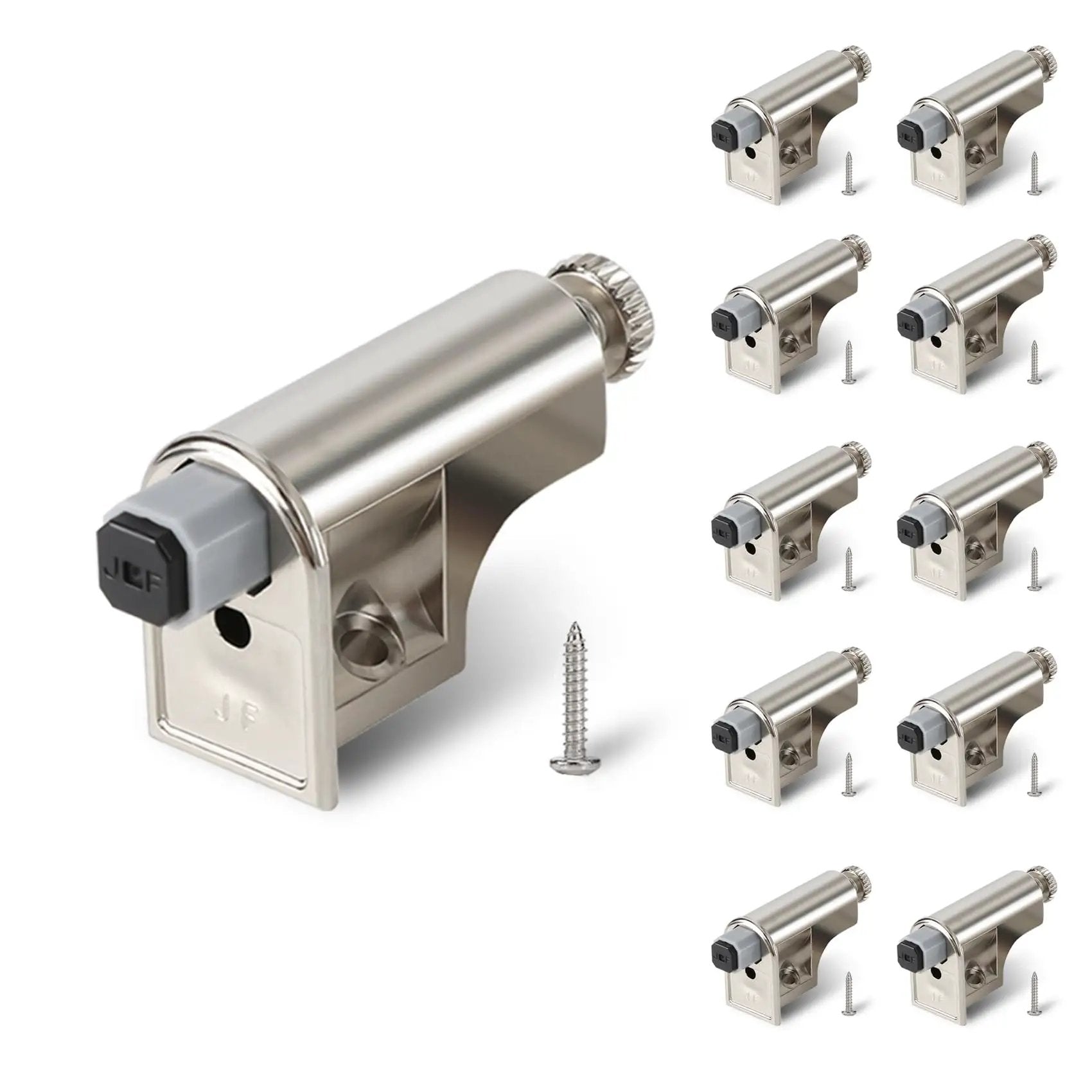 10 Piece Soft Close Cabinet Door Dampers Universal For Cabinets Wardrobes Kitchens And Bookcases Hydraulic Buffer For Silent No Slam Door Closing With Self Closing Mechanism, showing nickel finish dampers and screws.