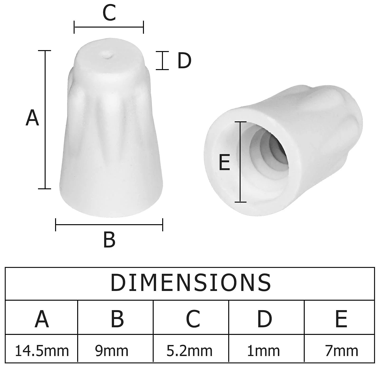Ceramic Wire Connectors Set 36 Pcs Small 18-8 AWG High Temperature White Porcelain Twist Caps dimensions chart