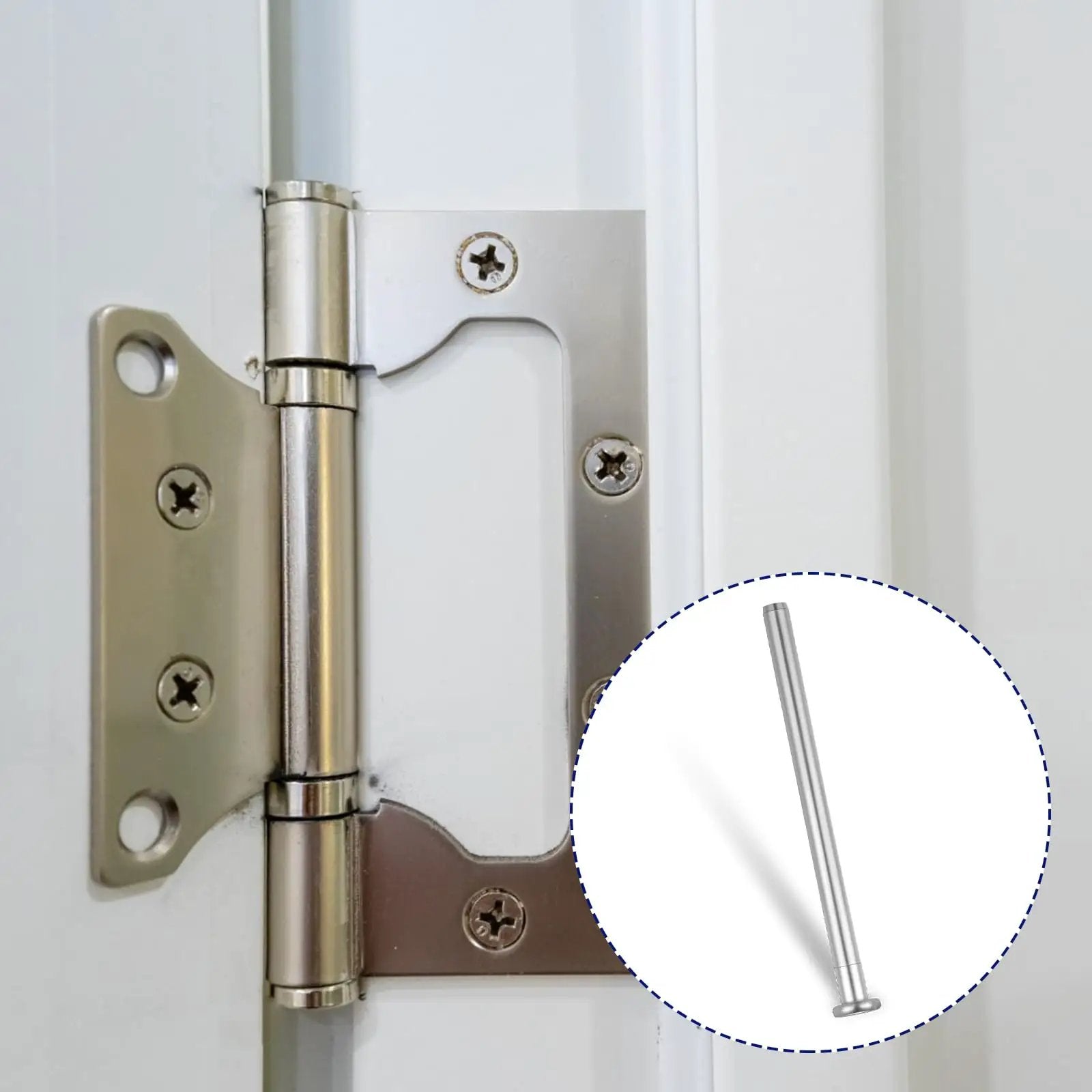 Four Pack Three Point Five Inch Door Hinge Pins Stainless Steel Replacement Kit For Interior Doors DIY Ready Hinge Bushing Repair Set With Extra Pins Silver Durable For Simple Installation And Quick Fixes showing installed hinge and pin close-up.