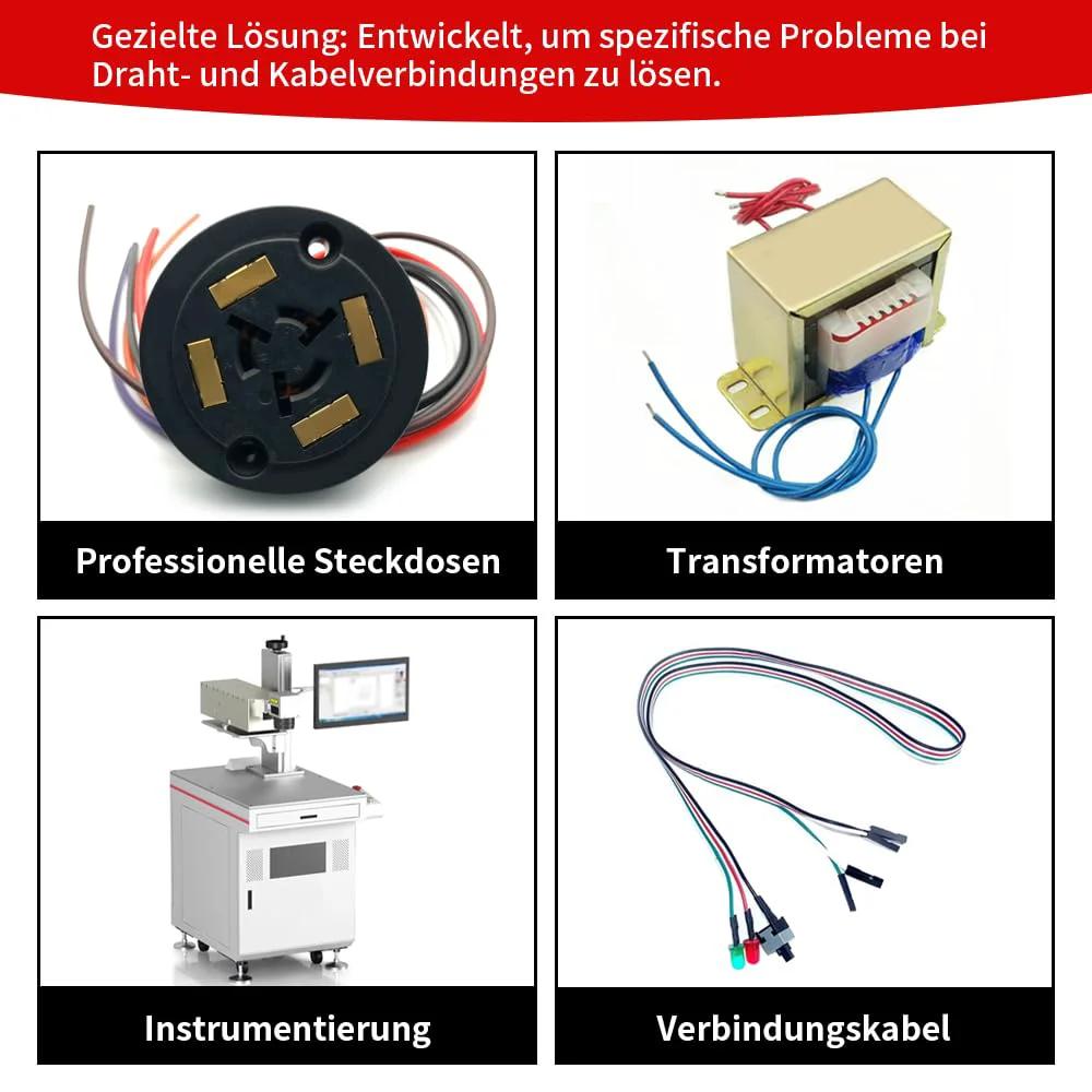Collage of professional sockets, transformers, instrumentation, and connection cables for electrical wiring solutions.
