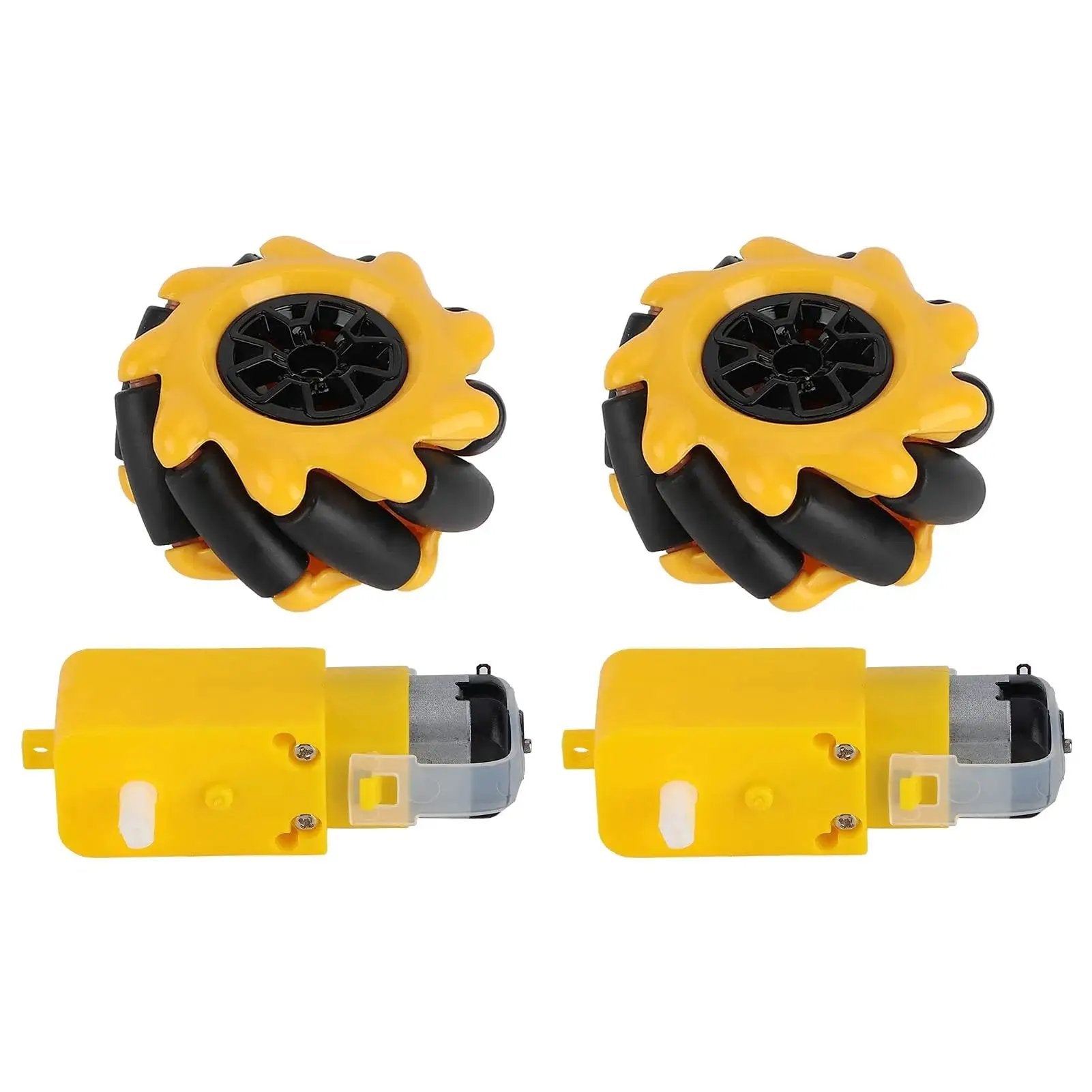 Omni Mecanum Wheel Set For Geared Motors 48mm DIY Robot Car Parts Left And Right Wheel Set, rubber-coated, shown with motors