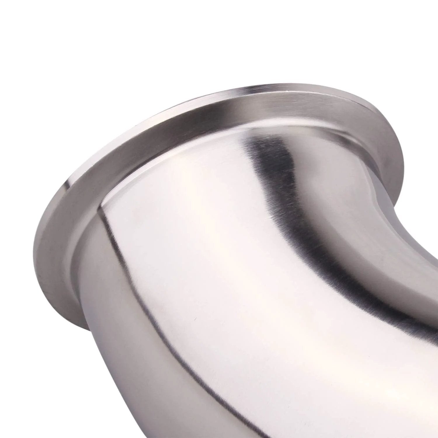 Close-up of Stainless Steel 304 3 Inch 45 Degree Heavy Duty Clamp Elbow Fitting For Tri Clamp Pipelines Connects Tubes At 76mm OD High Pressure