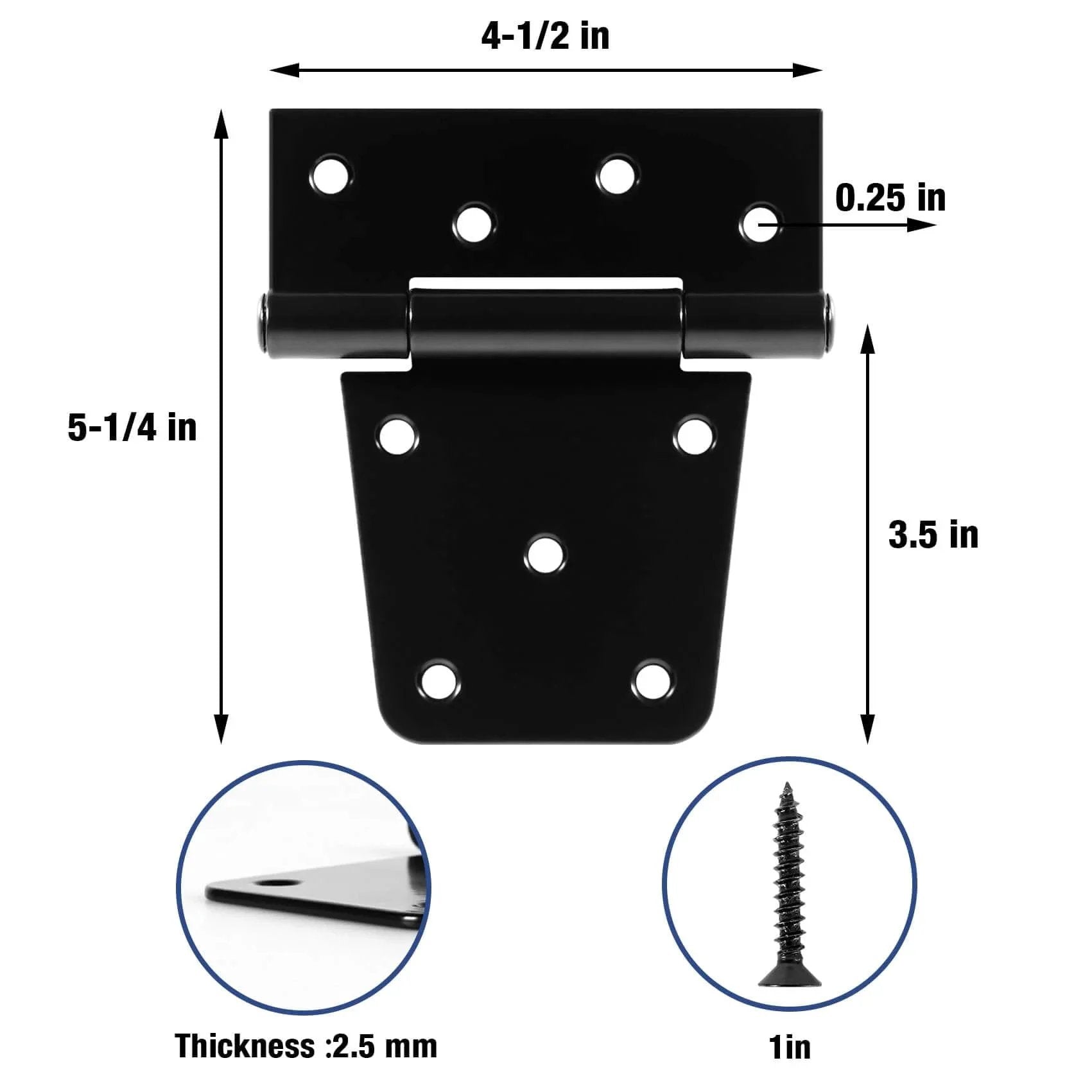 Heavy Duty Fence Gate Hinges 3.5 Inch By 4.5 Inch Black Exterior Outdoor Hinges product dimensions and screw details