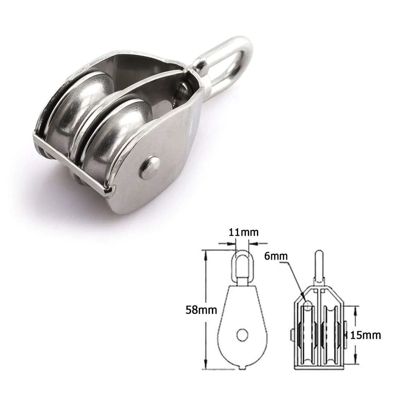 M15 Double Pulley Block Stainless Steel Heavy Duty Hardware Double Wheel Swivel Rigging Lifting Wheel for Wire Rope Loading 35kg