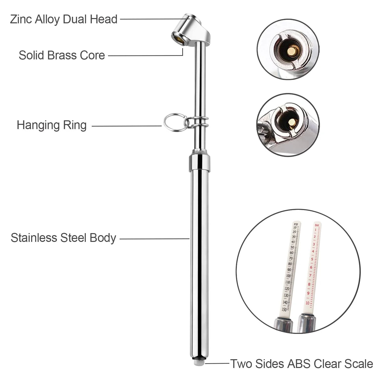 Pen Style Truck Tire Pressure Gauge With Dual Head Chucks For Inner And Outer Wheels, 10 To 150 PSI Range, Heavy Duty Pen Gauge, Accurate ABS Scale, Pack Of 2 By Atsafepro showing zinc alloy dual head and ABS scale detail.