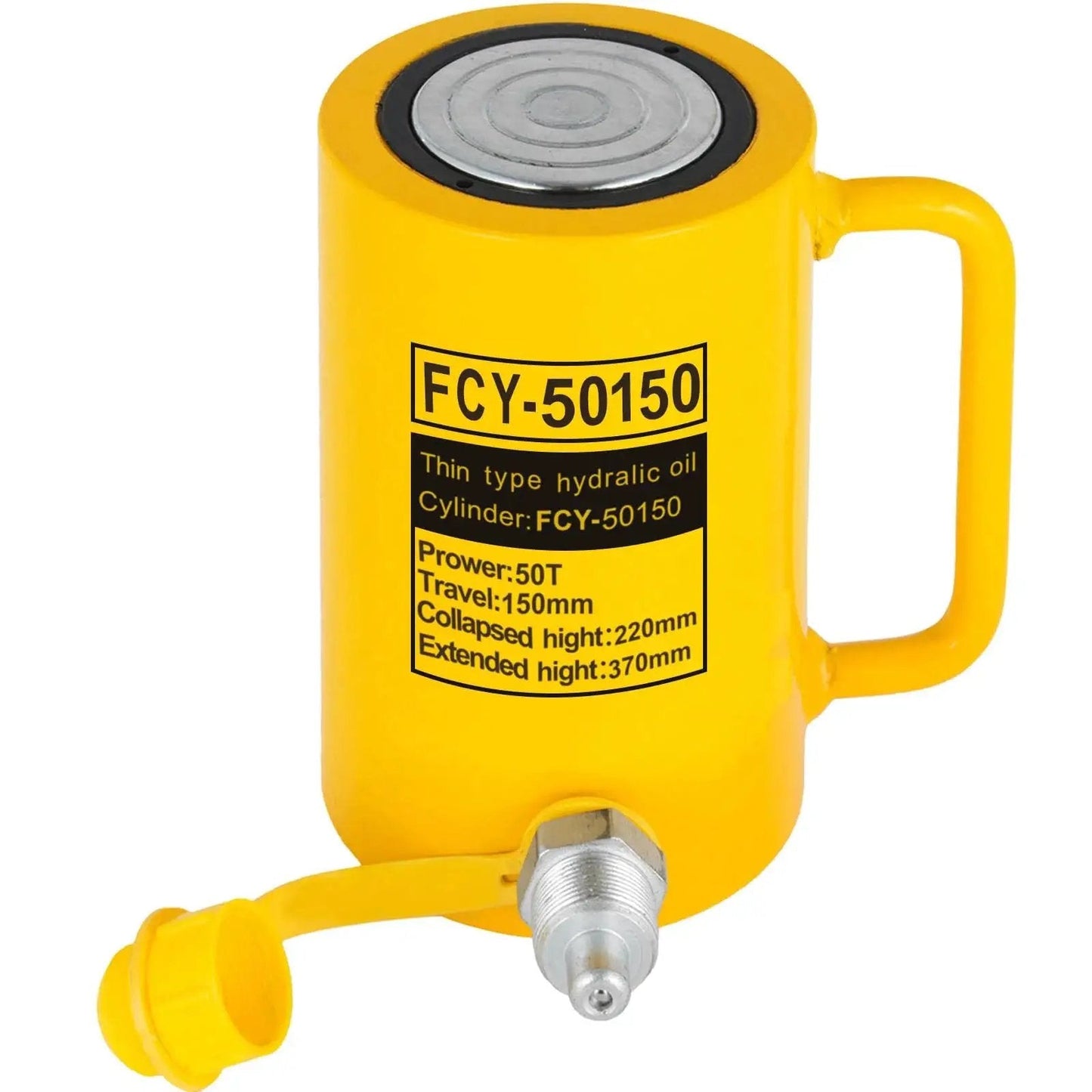 50T Hydraulic Cylinder Jack With 6 Inch Stroke For Bending And Lifting On Trucks, yellow with specifications label