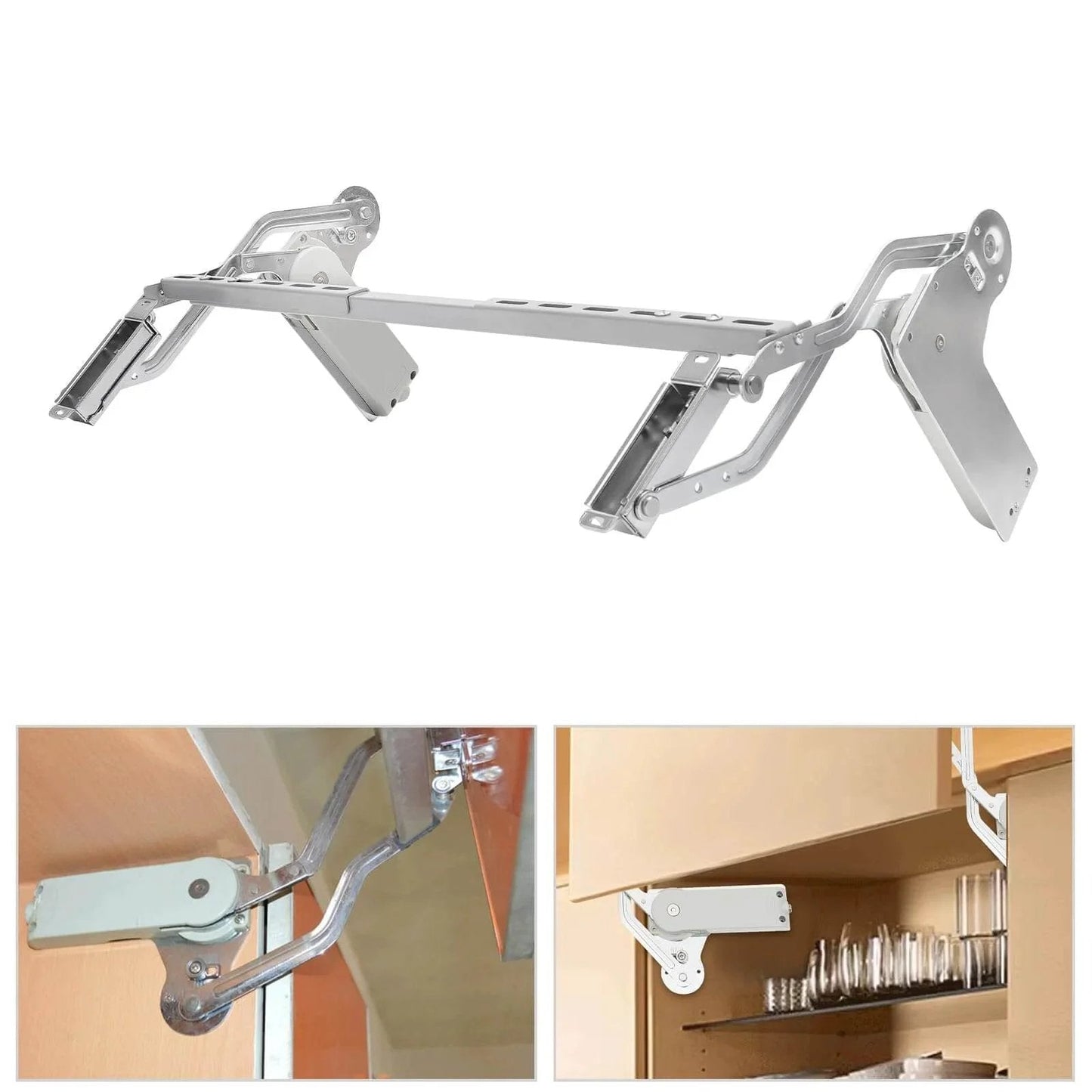 Hydraulic Buffer Cabinet Door Hinges, Vertical Swing Lift Up, installed in cabinet showcasing mechanism and soft-close feature, 7.72-8.82 lbs capacity