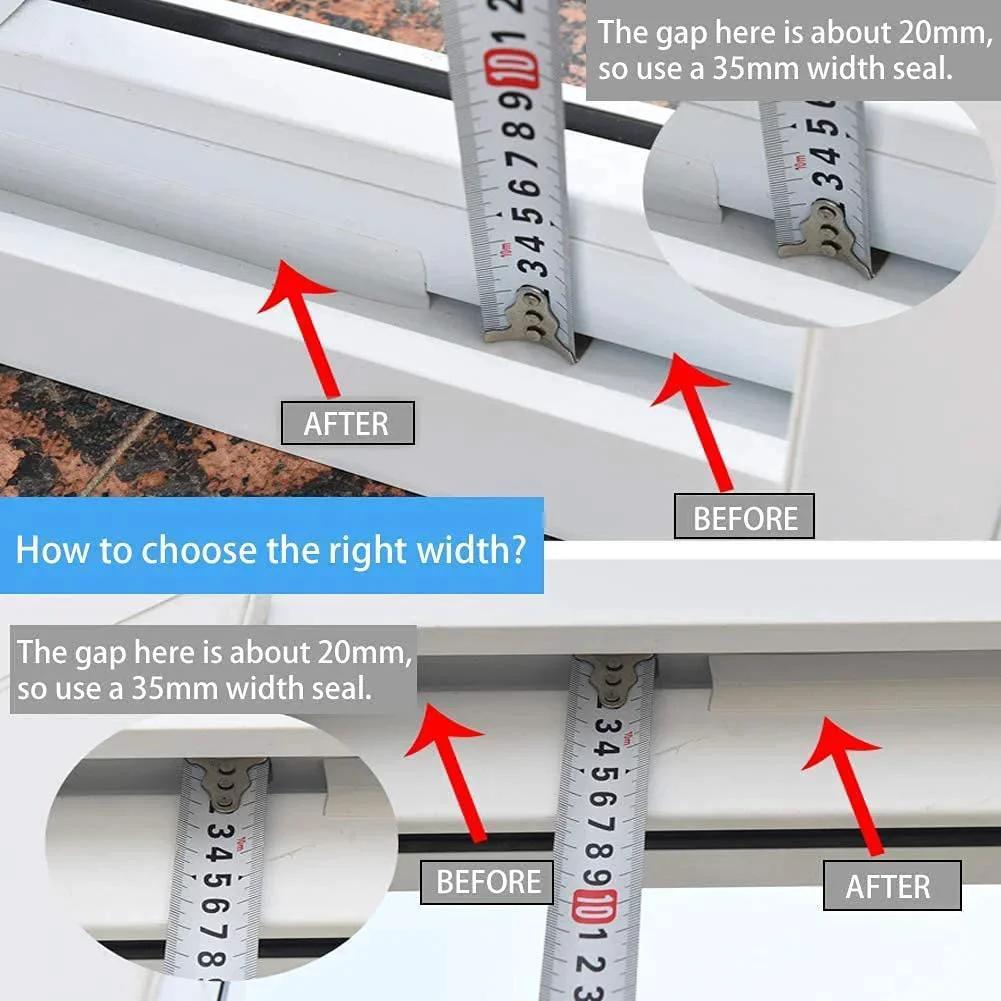 Weather Stripping Seal Tape For Doors Windows And Showers 33 Feet Self Adhering Transparent 25mm Silicone Draft Stopper shown with measurement guide