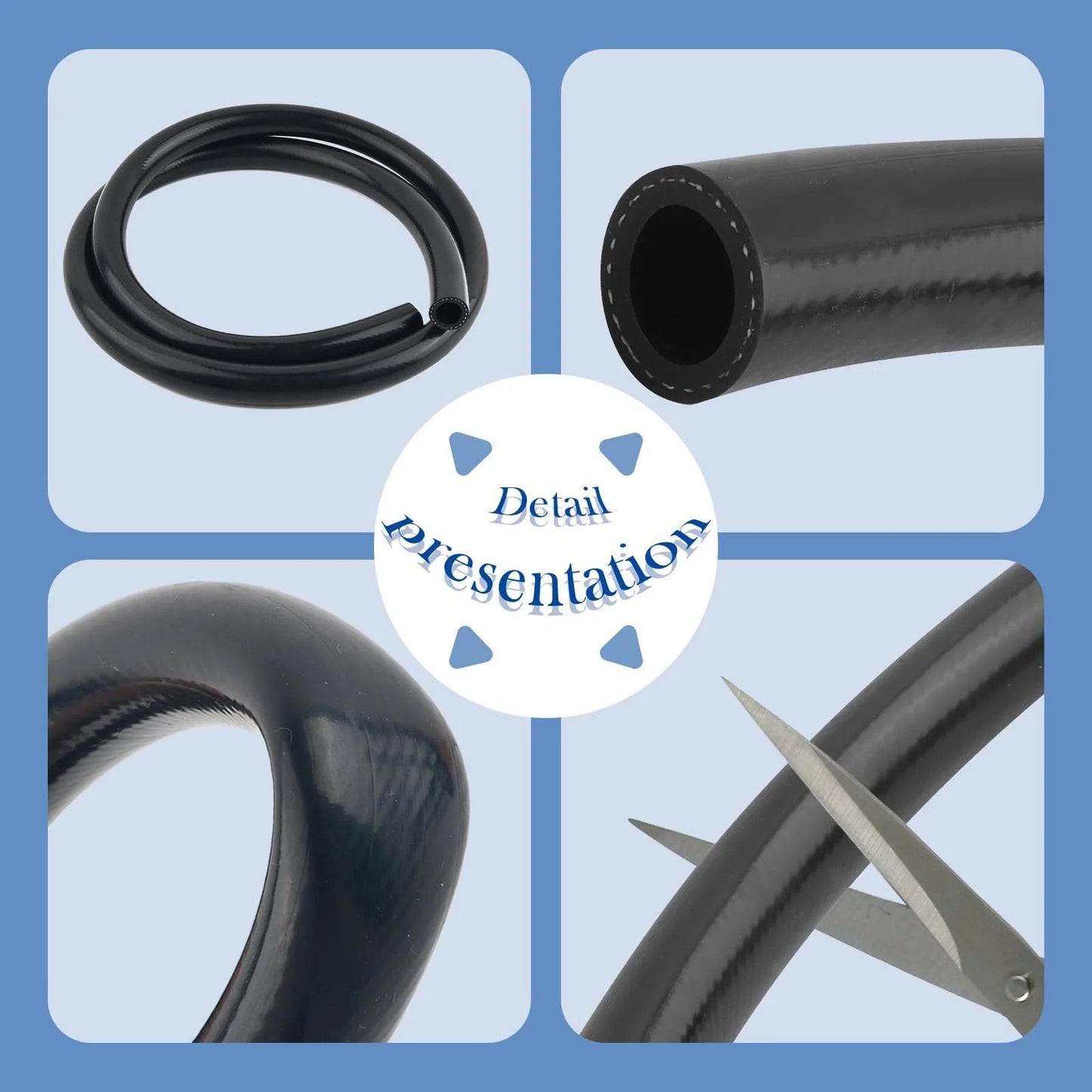 Three Quarter Inch Five Foot Silicone Heater Hose for Your Ride Cooling System, High Pressure 650 PSI Rupture Pressure, Premium Radiator Coolant Hose for Water and Gas Transport, includes close-up views of flexible silicone material, hose cutting.