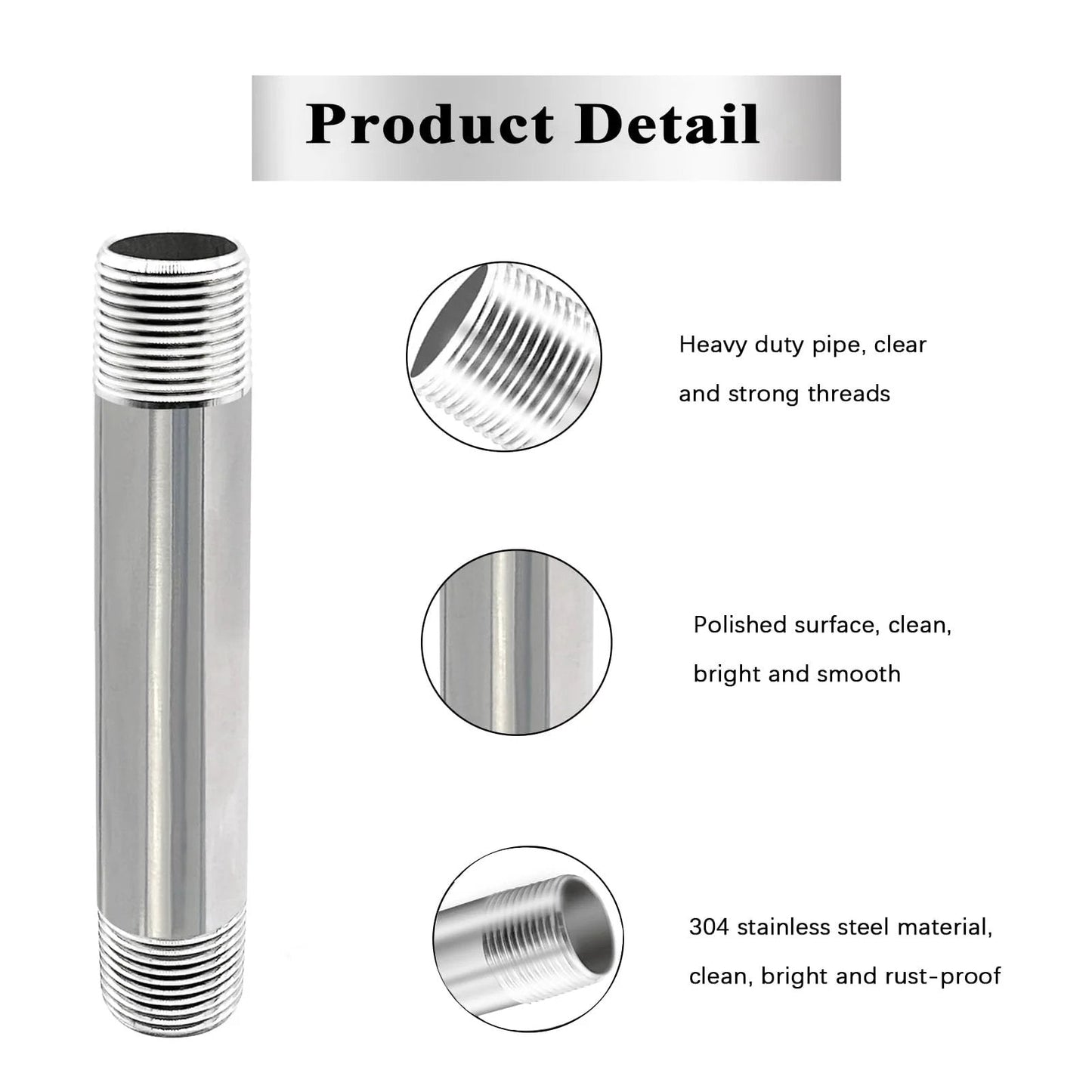 Heavy Duty GeilSpace Half Inch NPT Stainless Steel Pipe Nipples, Eighteen Inches Long, Set Of Two, 304 Stainless Steel, Rust Proof And Corrosion Resistant