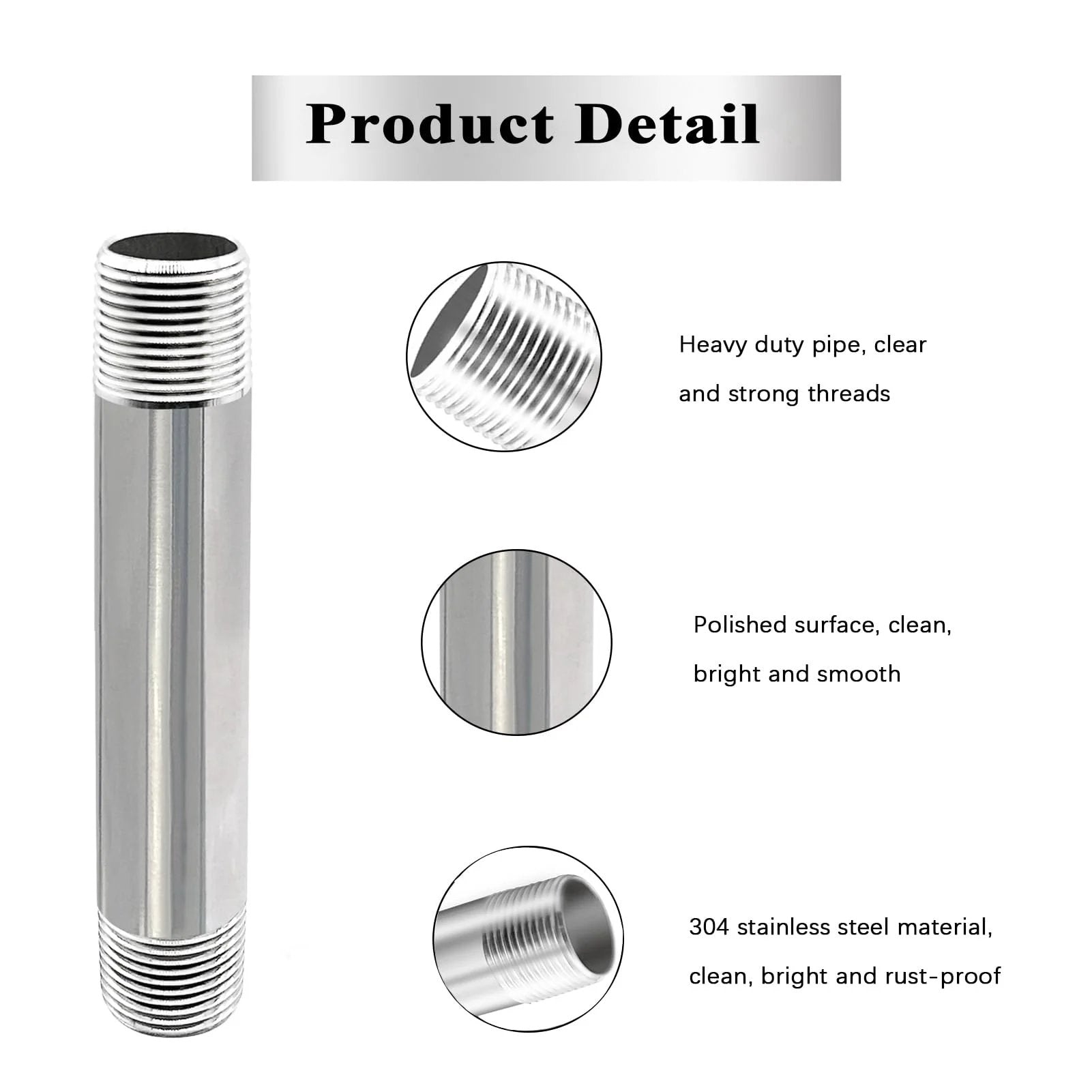 Heavy Duty GeilSpace Half Inch NPT Stainless Steel Pipe Nipples, Eighteen Inches Long, Set Of Two, 304 Stainless Steel, Rust Proof And Corrosion Resistant