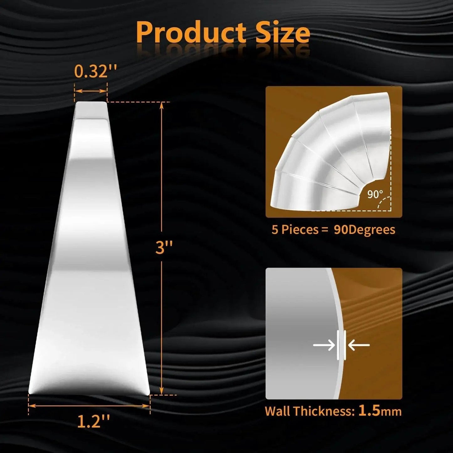 Diagram of 304 Stainless Steel Pie Cuts 3 Inch Polished Deburred Exhaust Cutouts 5 Pcs showing dimensions and wall thickness.