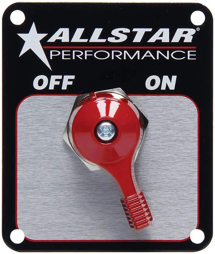 Front view of a red Battery Disconnect Switch Panel For Vehicle Power Shutoff And Emergency Safety by Allstar Performance.
