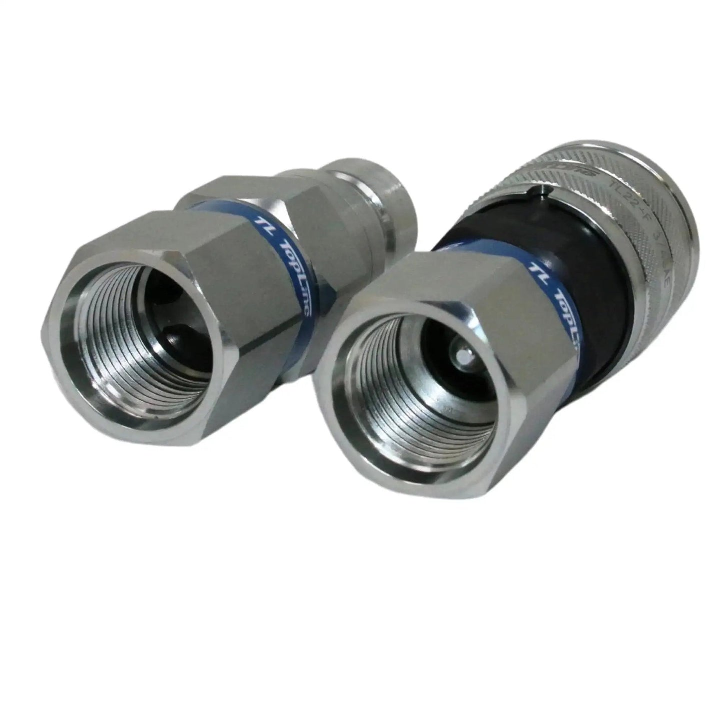 Flat Face Hydraulic Quick Connect Coupler Set For Skid Steer Bobcat Attachments One Half Inch Body With Three Quarter Inch SAE O Ring Boss Thread ISO 16028 Heavy Duty TL22 Blue Dust Caps