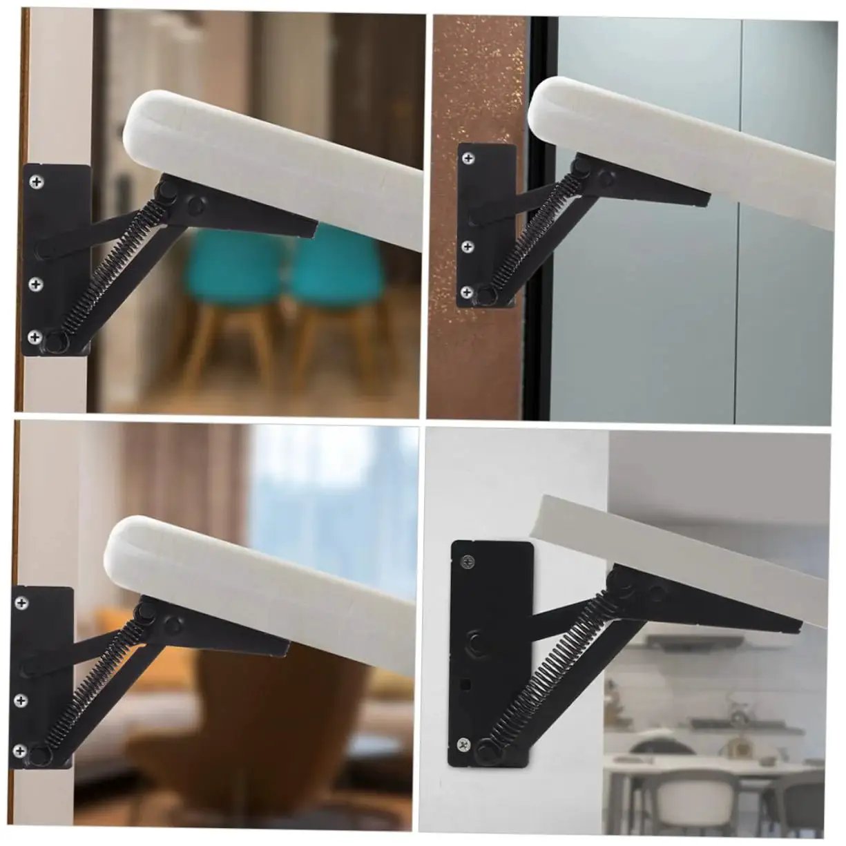 Heavy Duty 2 Pack Folding Hinge Lifting Brackets For Sofas, Beds, And Cabinet Doors With High Load Capacity Foldable Design, No Fuss Easy Install Durable Cold Rolled Steel Versatile Furniture Hardware Built For Daily Use By JECOMPRIS shown installed on a door in multiple angles.