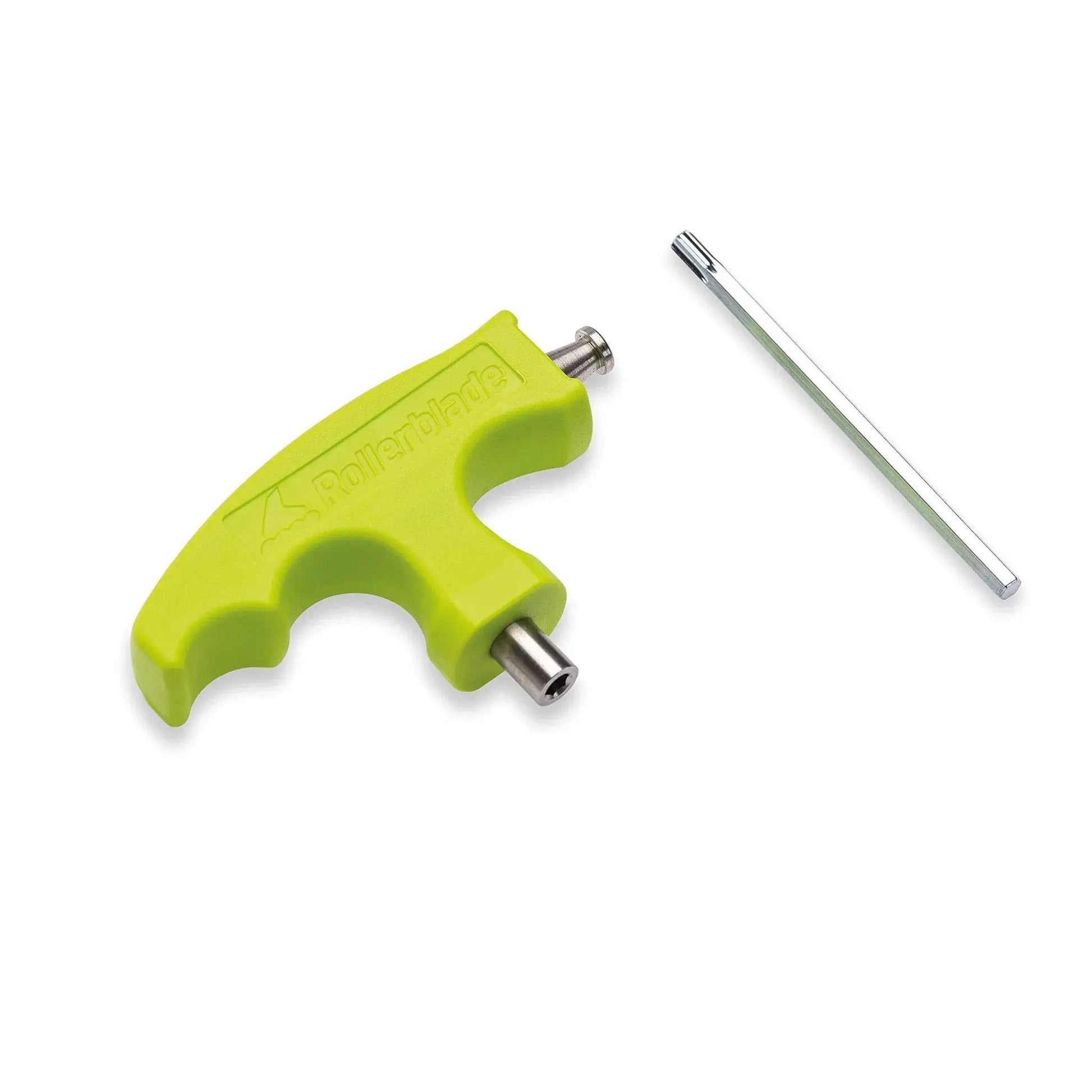 Blade Tool Pro for inline skates with anatomic ergonomic handle includes removable wrench, compact for easy wheel changes, shown in yellow.