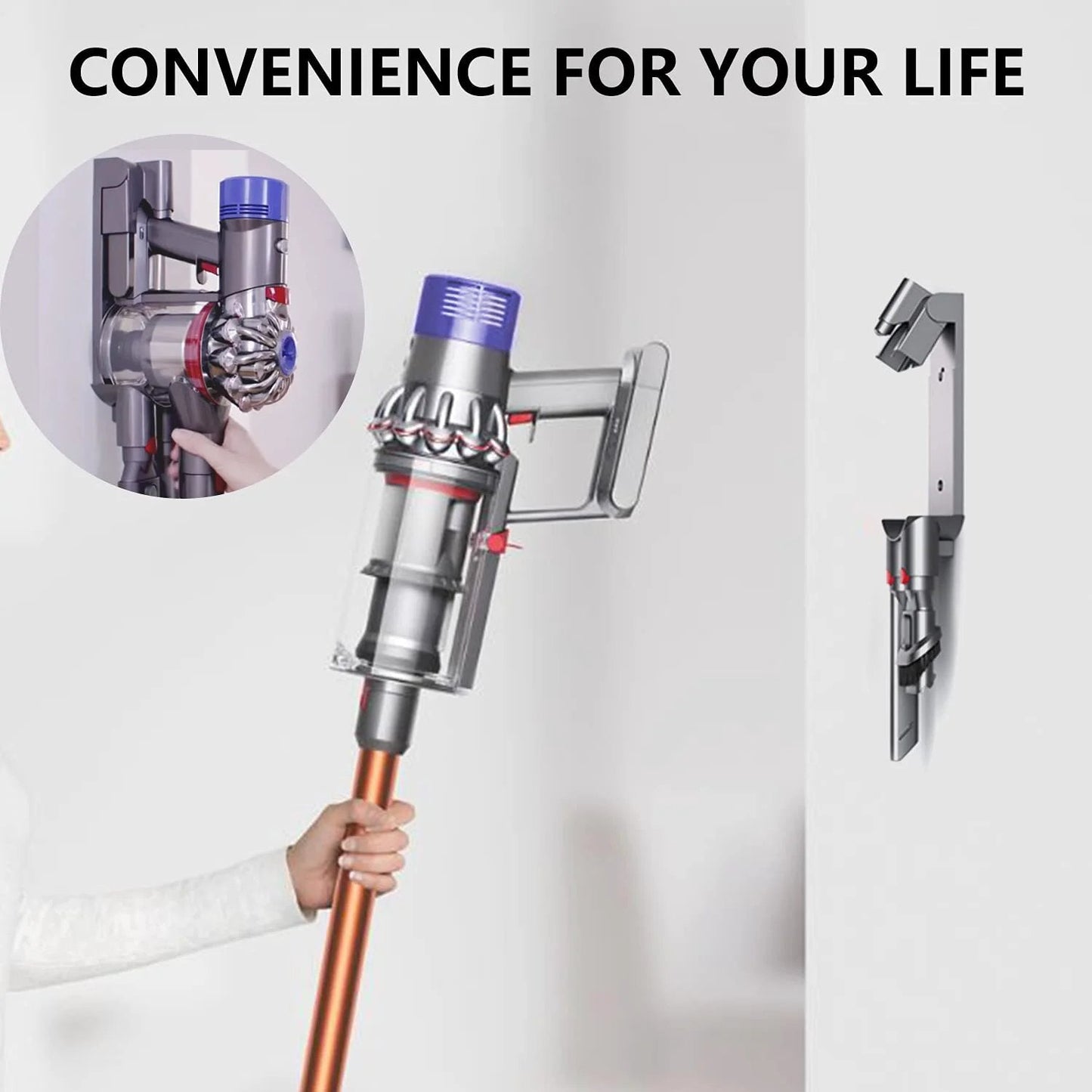 Docking Station Wall Mount Accessory For Dyson V7 And V8 Cordless Vacuum Cleaners installed on wall with vacuum attached