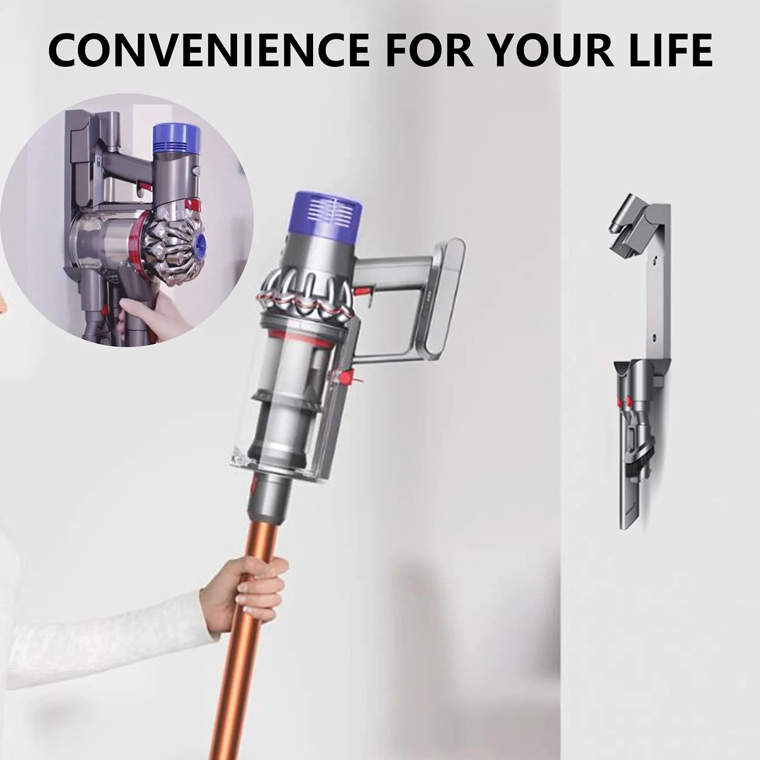 Docking Station Wall Mount Accessory For Dyson V7 And V8 Cordless Vacuum Cleaners installed on wall with vacuum attached