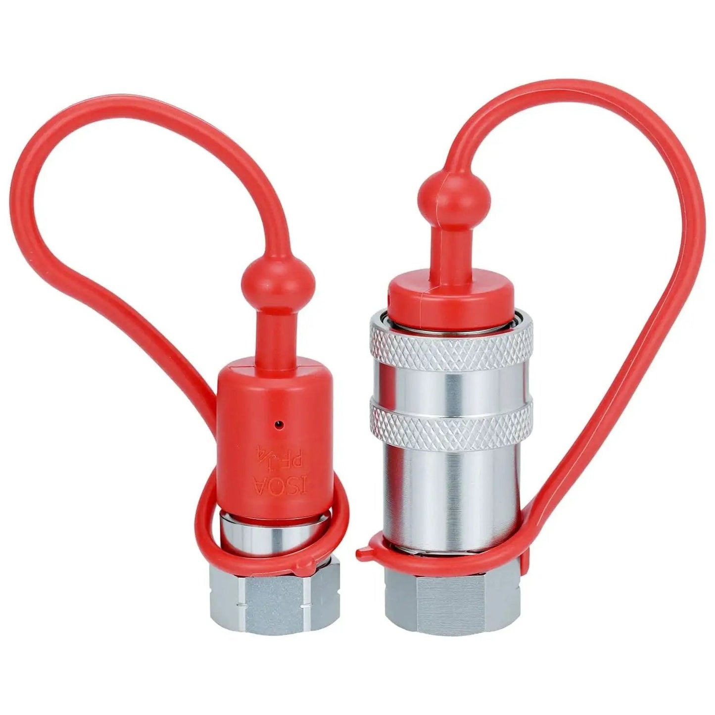 Rugged 1/4 Inch Hydraulic Quick Connect Coupler Set with Dust Caps, 3600 PSI Rating, Hardened Steel, 1/4 Inch NPT Thread and ISO Body