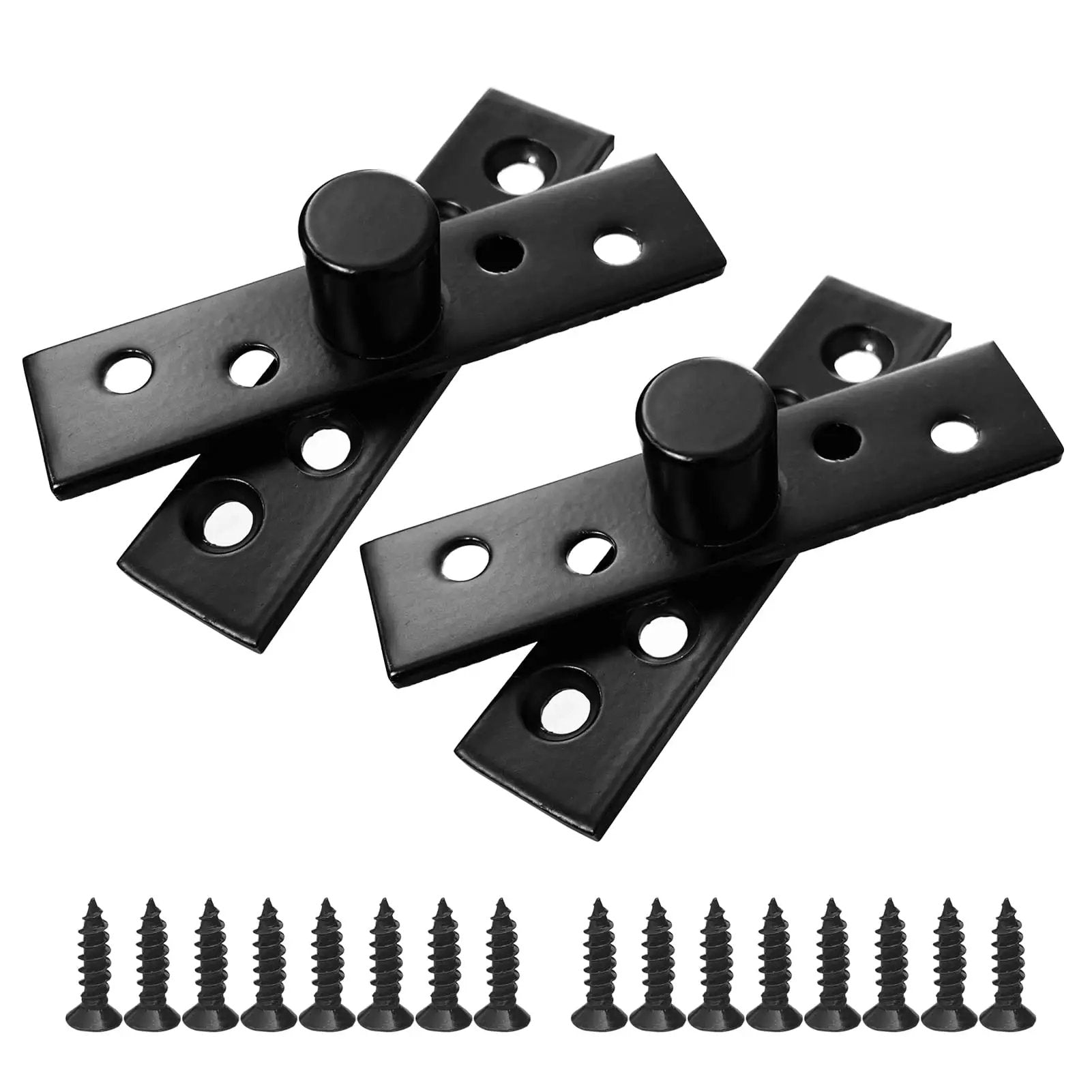 Two Pack 360 Degree Concealed Door Hinge Set In Black Stainless Steel Pivot Hinge For In Wall TV Swivel And Camper Playscape Doors Up Down Mounting Brushed Finish Durable Corrosion Resistant Easy Install High Strength, hinges and screws displayed on white background