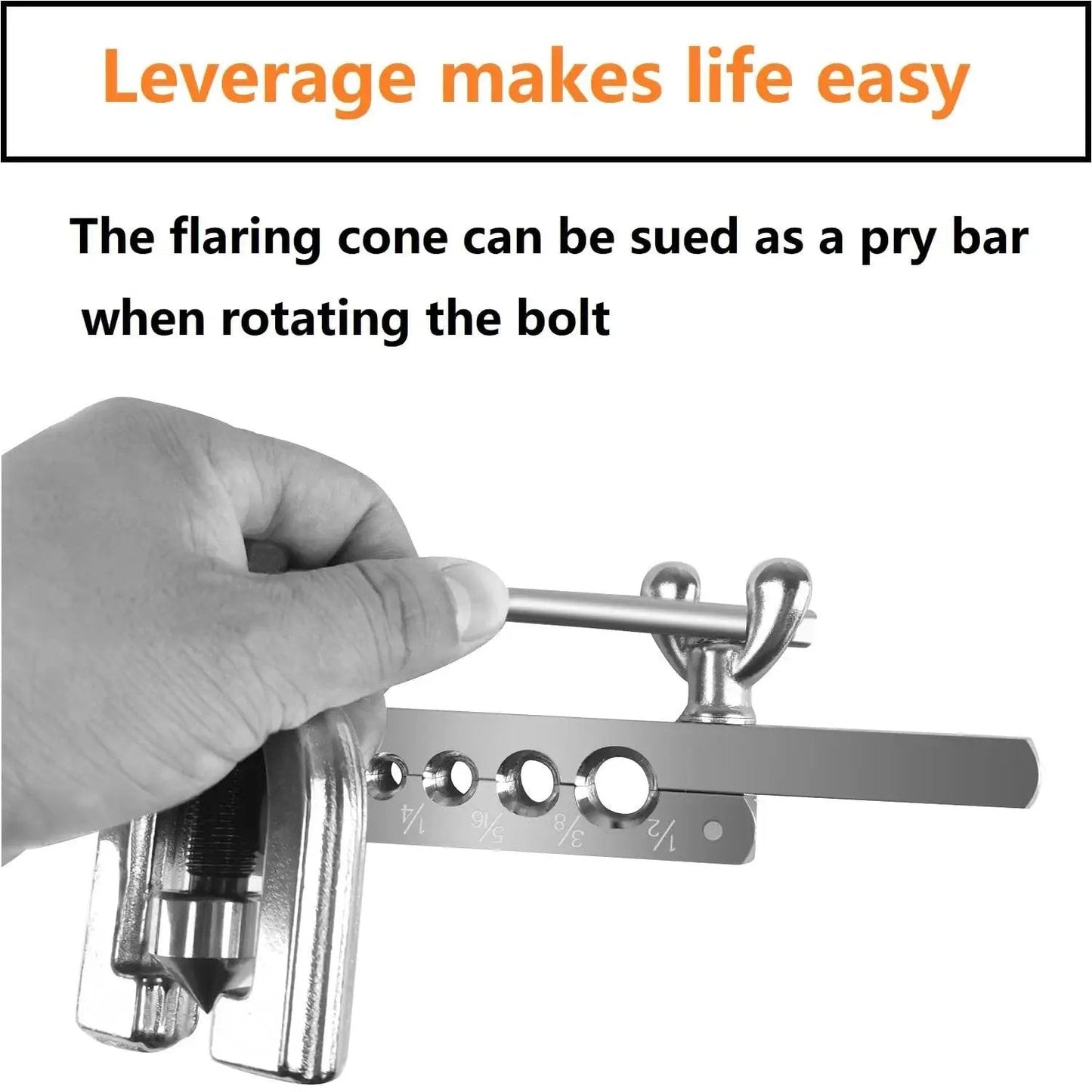 Hand holding a Brake Line Flare Kit For Copper And Aluminum Tubing Dual 3/16 To 1/2 Inch with flaring tool in use