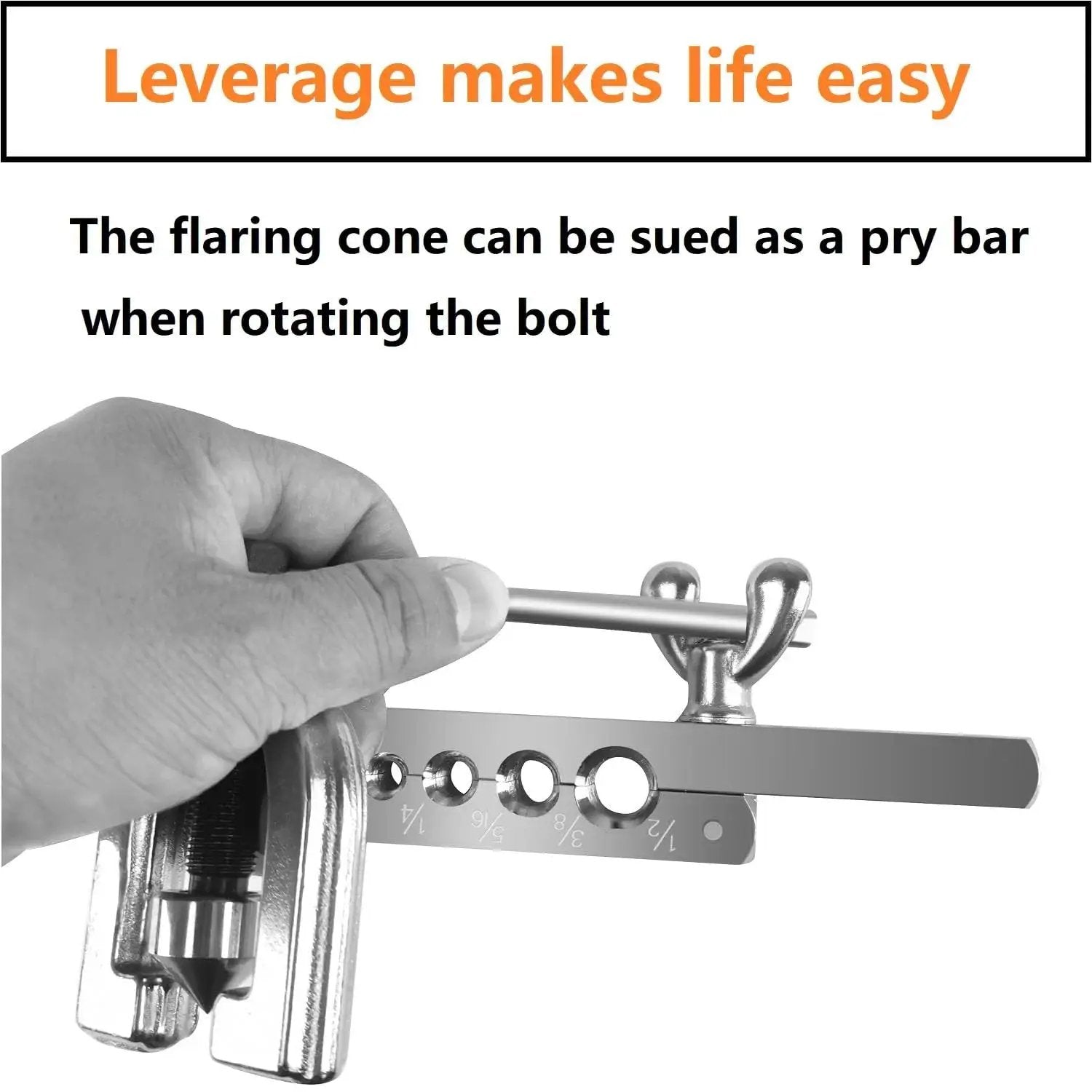 Hand holding a Brake Line Flare Kit For Copper And Aluminum Tubing Dual 3/16 To 1/2 Inch with flaring tool in use