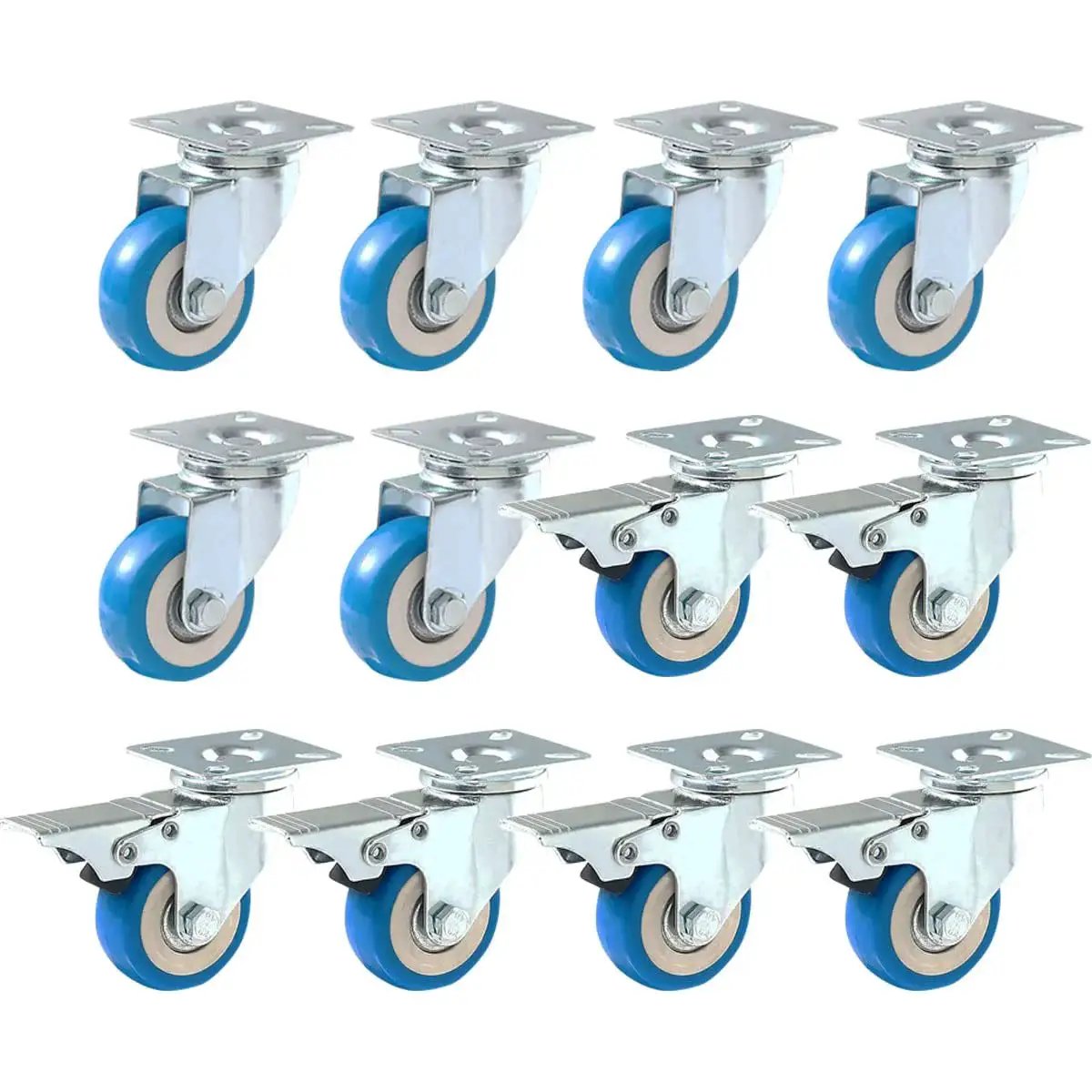 12 Pack 2 Inch Swivel Plate Caster Wheels Blue Polyurethane With 6 Brakes And 6 Non Brake Casters, side view
