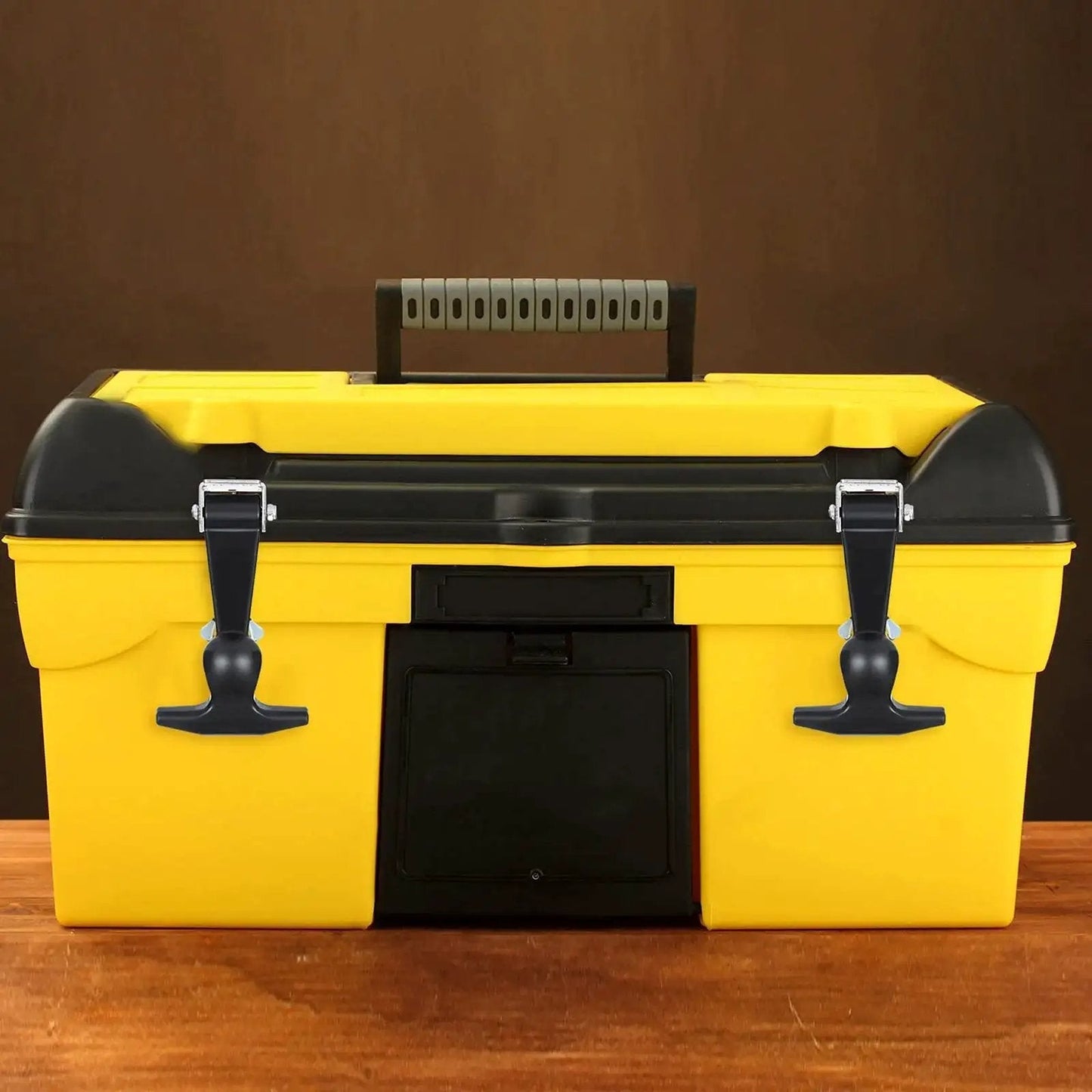 Yellow toolbox with two Elastic Rubber Hood Latch Set With Stainless Brackets And T Handle securing the lid.