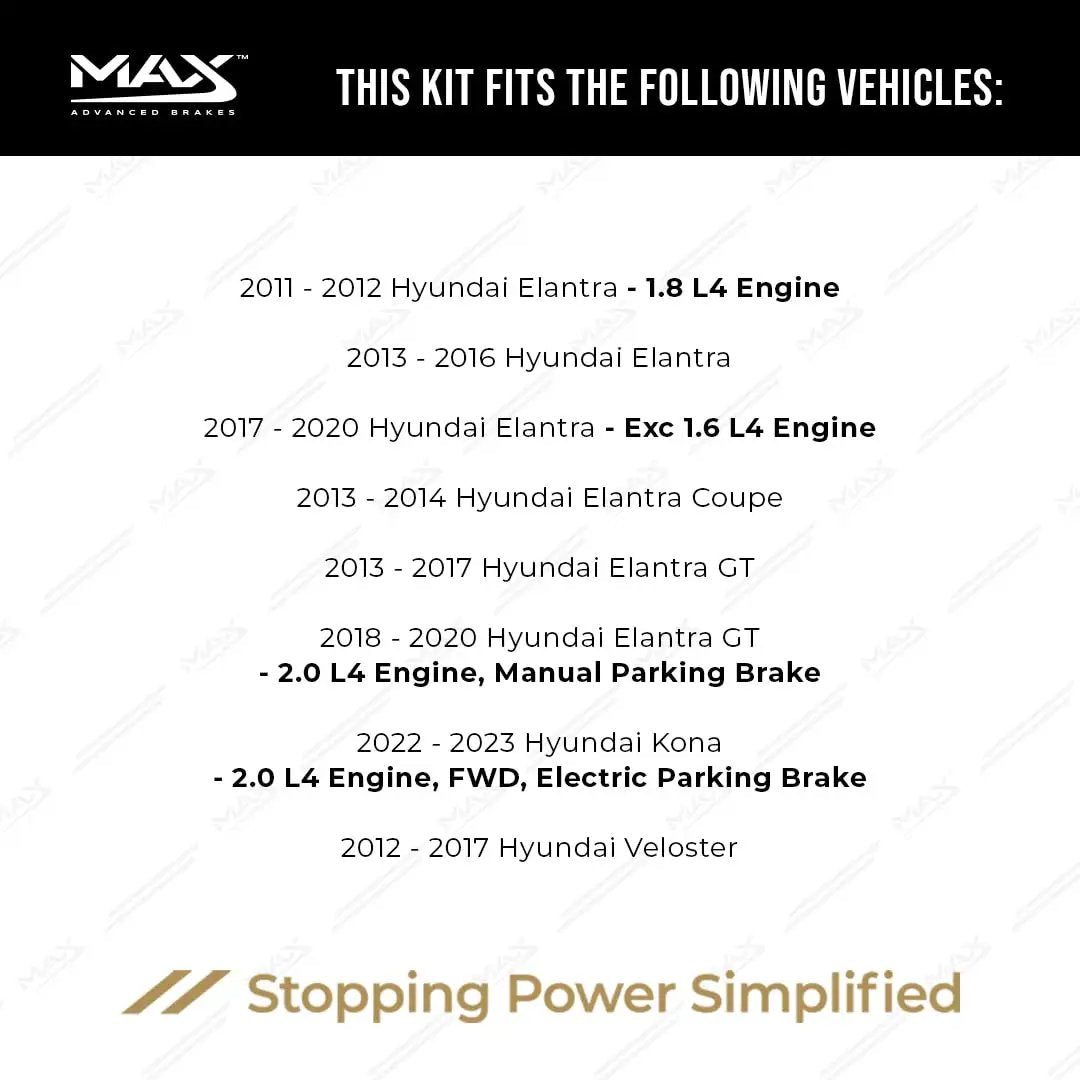 List of compatible vehicle models for Rear Brake Kit With Carbon Ceramic Rotors For 2011-2020 Hyundai Elantra, 2014-2023 Kia Forte And 2014-2023 Kia Soul.