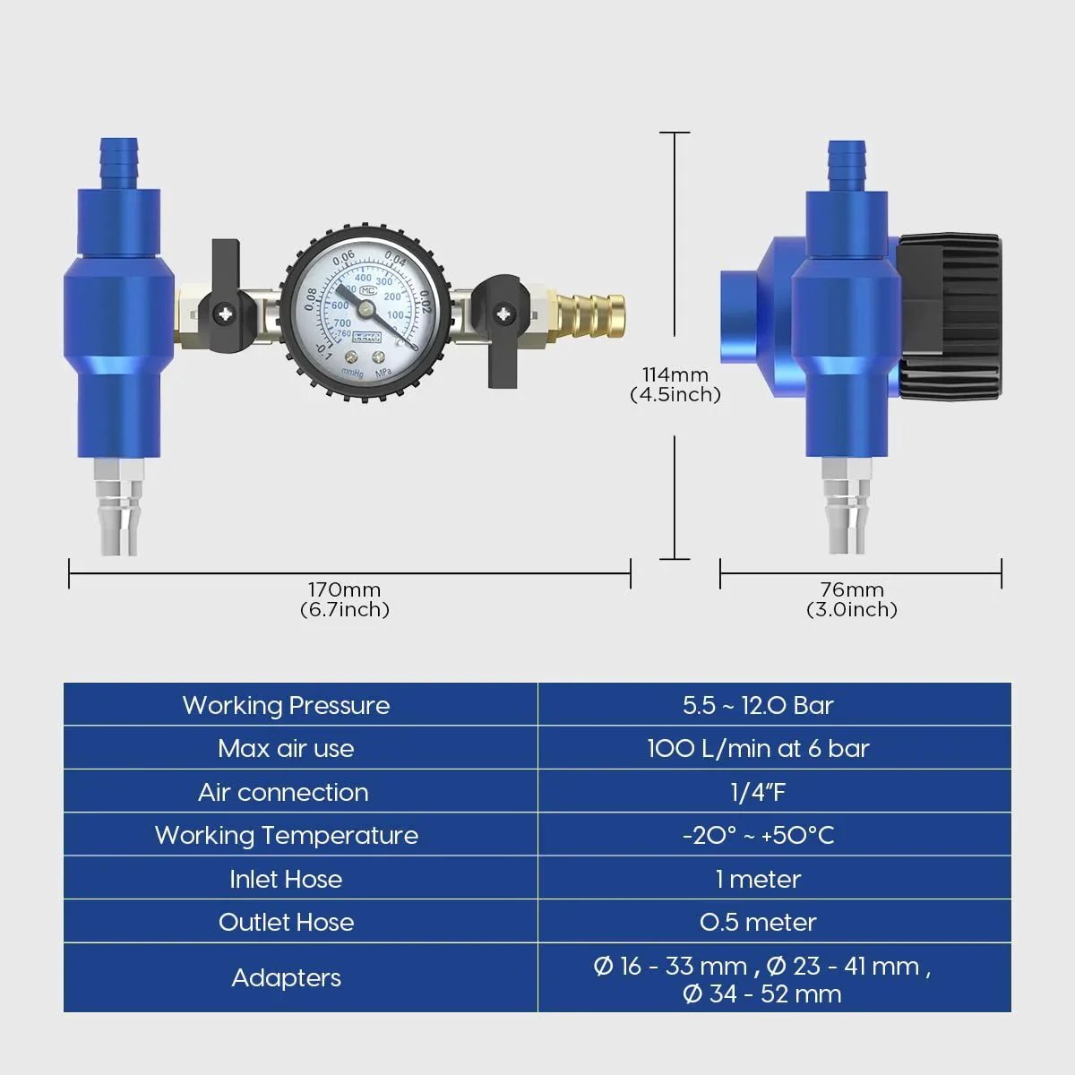 Diagram of Coolant Refill Kit For Car Cooling System With Pressure Gauge Tester And 3 Size Adapters Easy Leaks Detection Quick Coolant Change MR CARTOOL Compatible, showcasing dimensions and specifications.