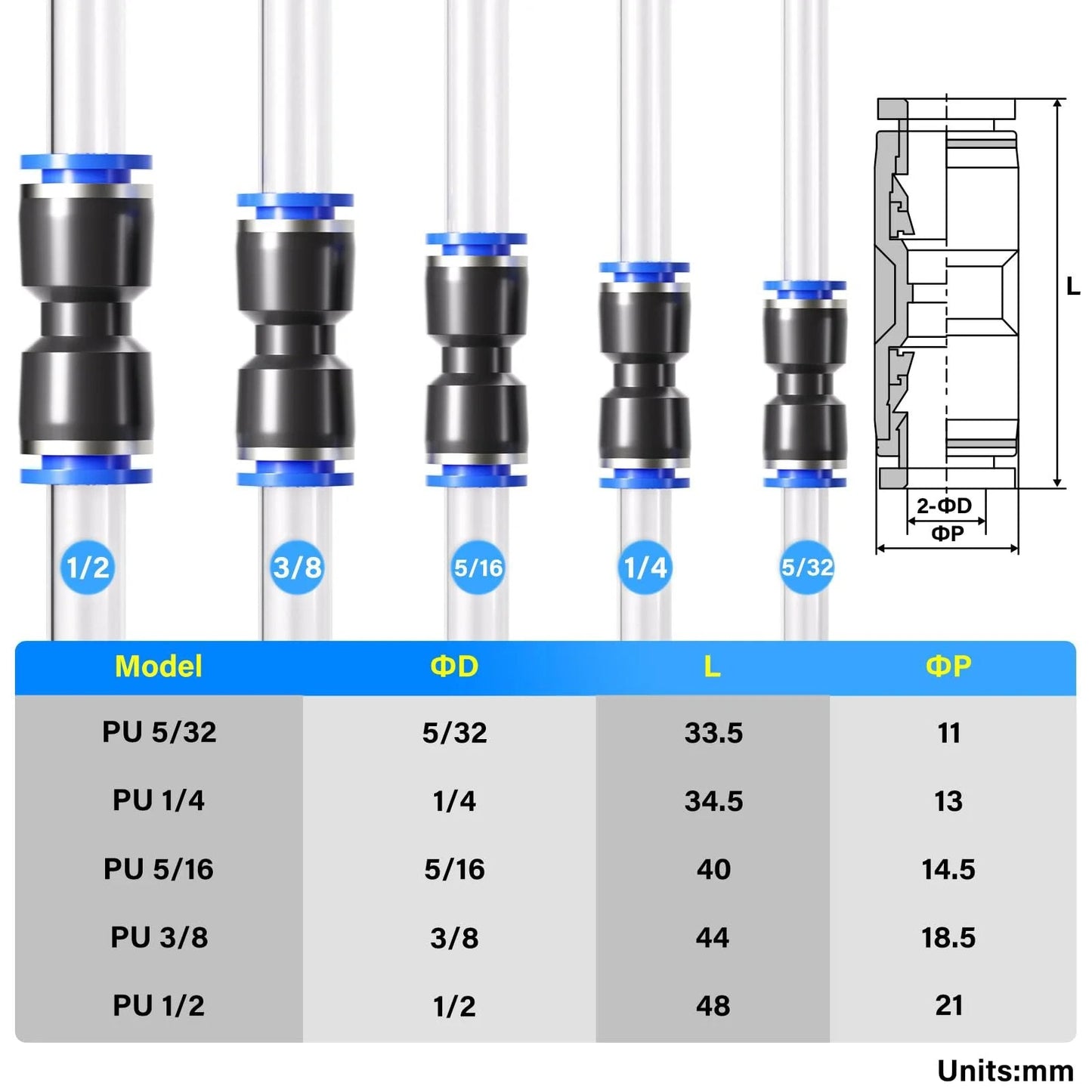 Pneumatic Straight Push Connectors Set Of 50 Pcs For Air Lines Go To 2 Way Quick Release Fittings Tube Sizes 5/32 to 1/2 Inch diagram