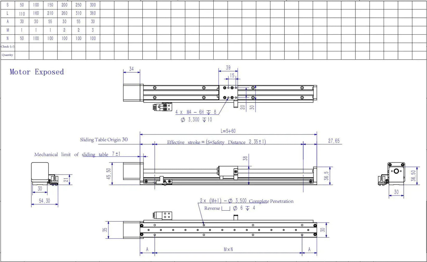 Technical blueprint of Compact Linear Stage Actuator 150mm Travel CNC Slide Guide with Stainless Steel Construction Motorized Nema 14 Stepper